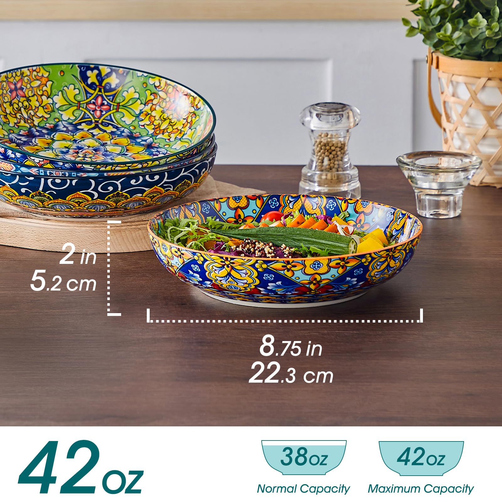 vancasso SIMI 42oz Porcelain Pasta Bowls – Set of 4 Bohemian Salad Bowls