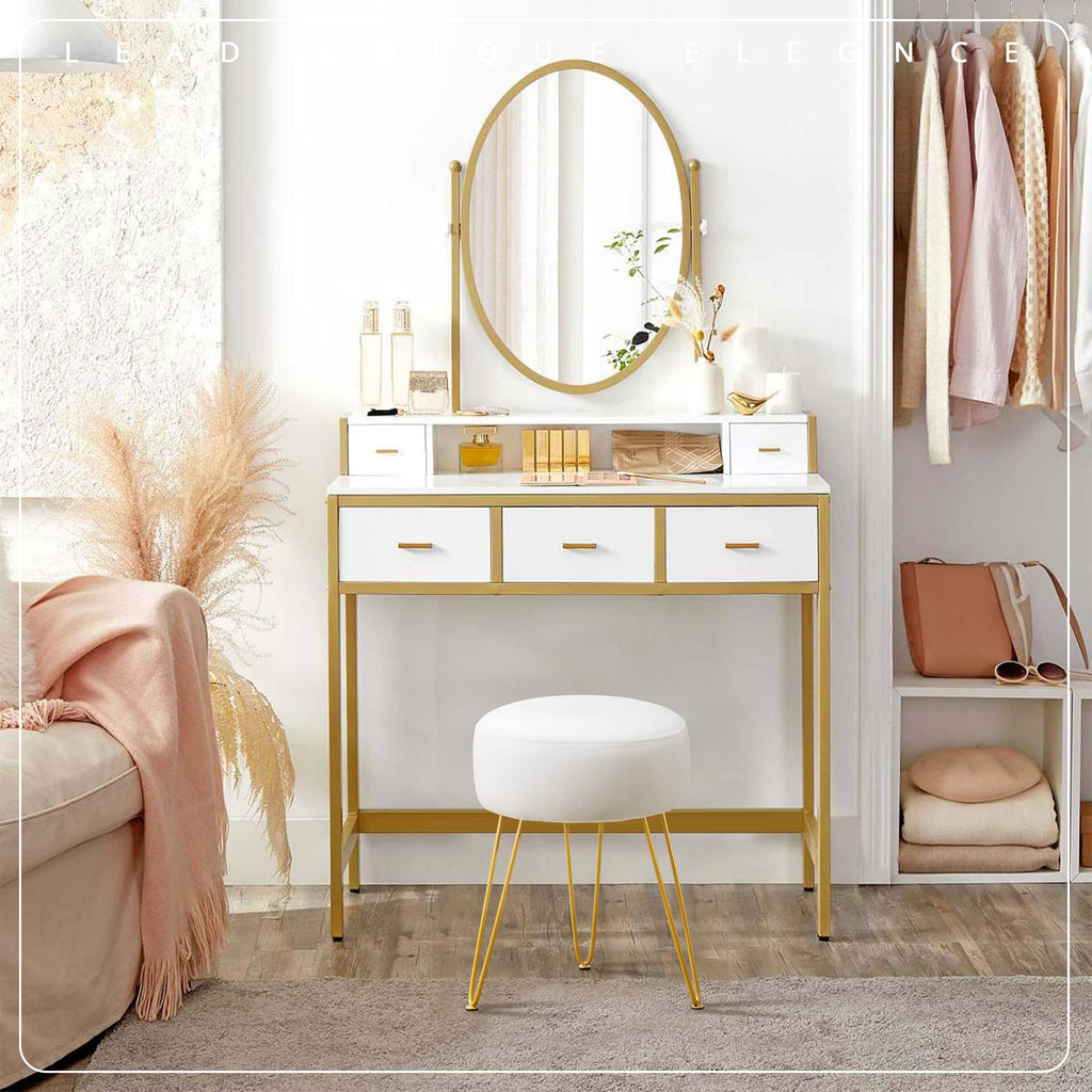 LUE BONA Velvet Round Stool Dressing Table Stool, Makeup Vanity Stool, Ottoman Padded Stool Metal Legs Support, White