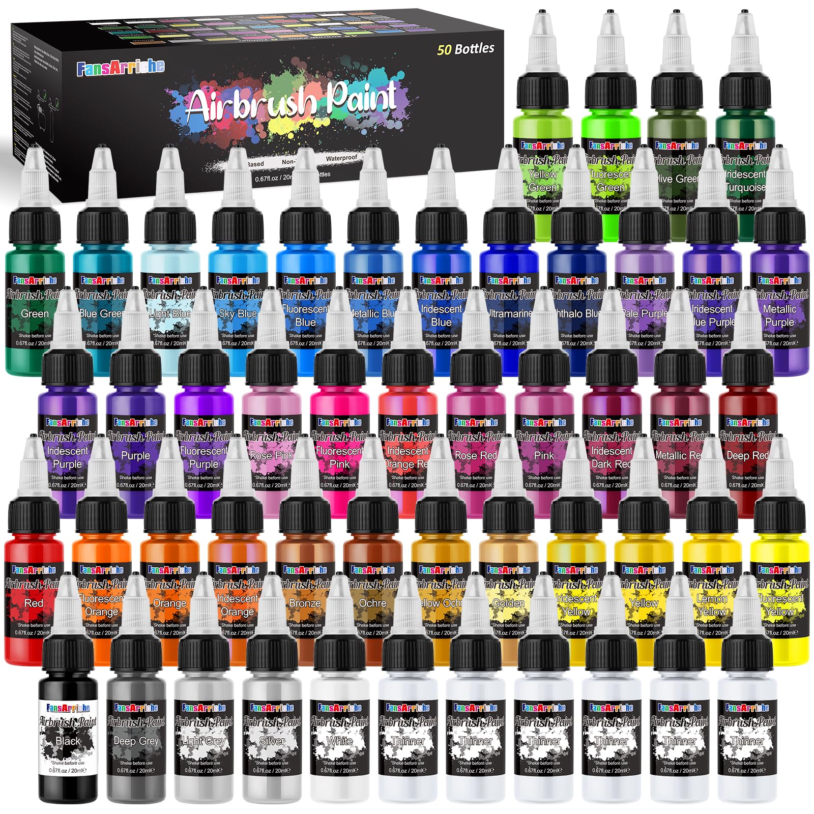 FansArriche Airbrush Paint Set - 44 Opaque & Neon Water-Based Colors