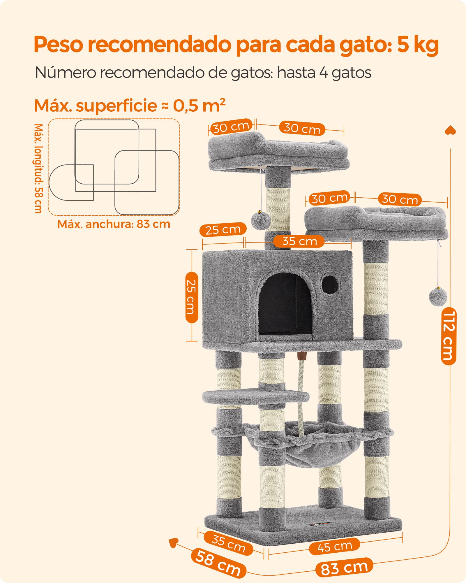 Feandrea 112cm Cat Tree | Multi-Level Plush Cat Tower with 11 Scratching Posts
