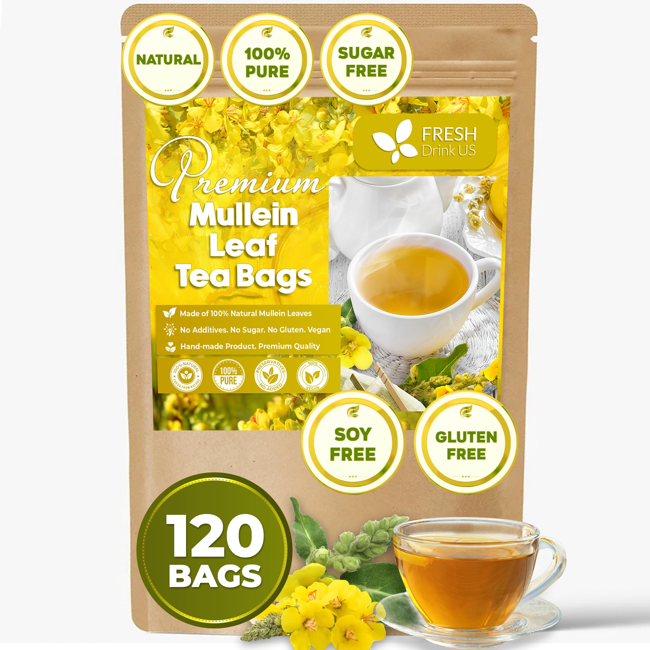 FreshDrinkUS Mullein Leaf Tea Bags - 120 Count Natural Herbal Lung Support