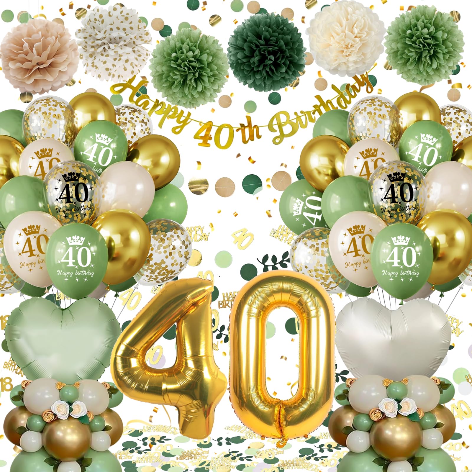 Jolof Store 40th Birthday Decorations - Green Gold Balloon & Banner Kit
