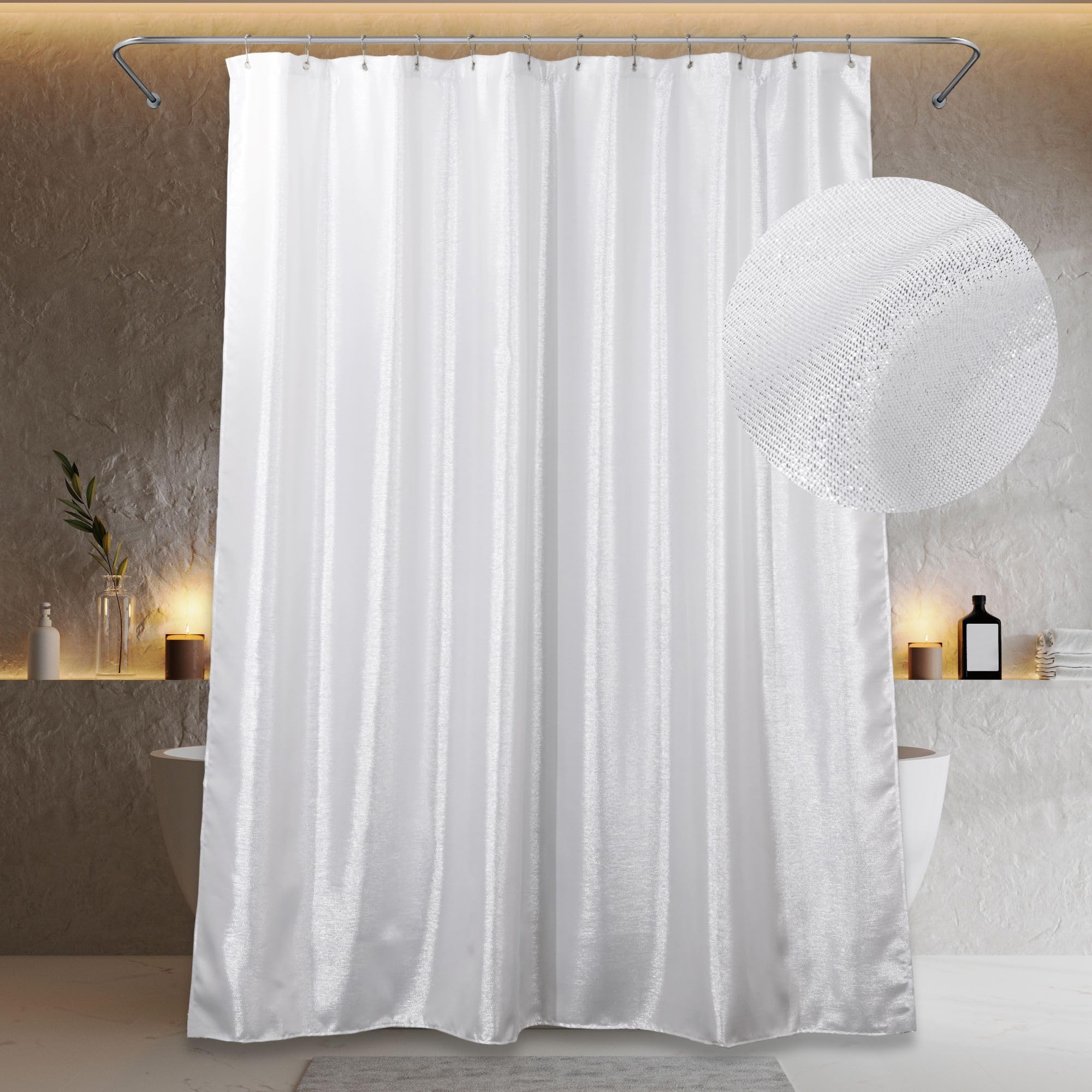 Popkozzi Silver White Glitter Shower Curtain | Metallic Shimmer Fabric