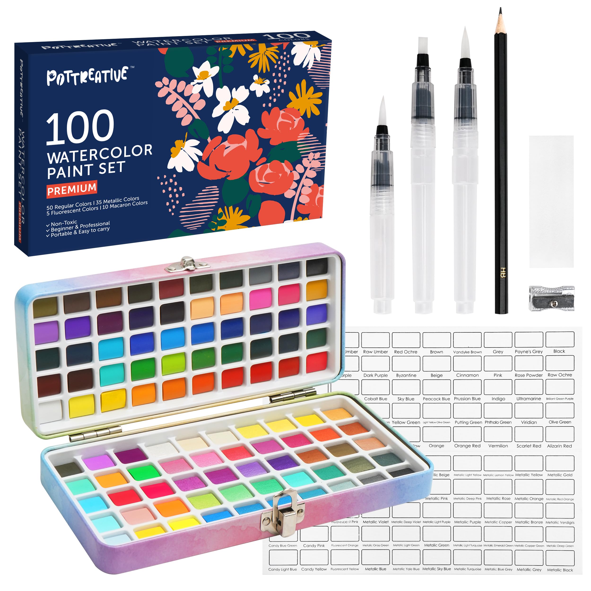 POTTREATIVE 100 Color Watercolor Paint Set | Portable Non-Toxic Kit