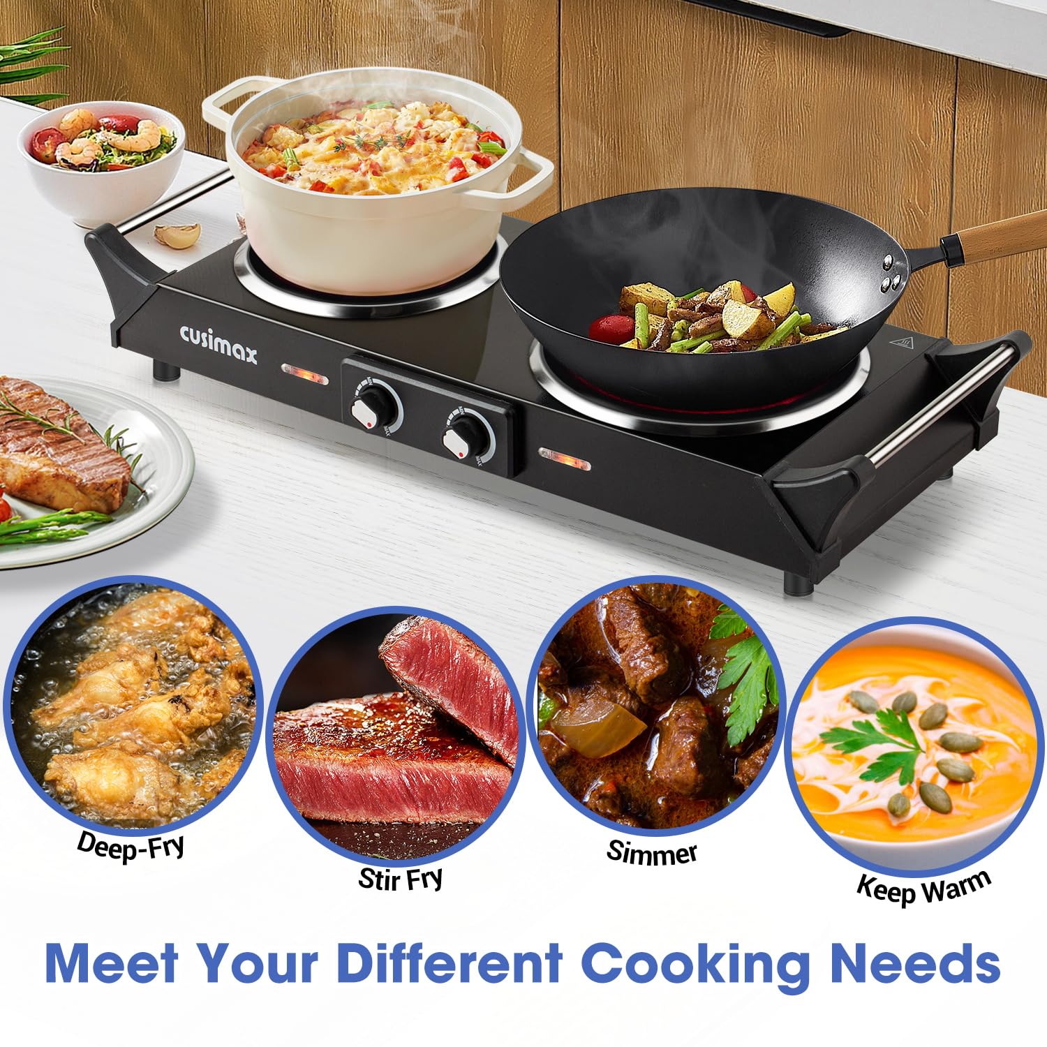 CUSIMAX Double Electric Hob – 2100W Portable Infrared Cooktop Hot Plate