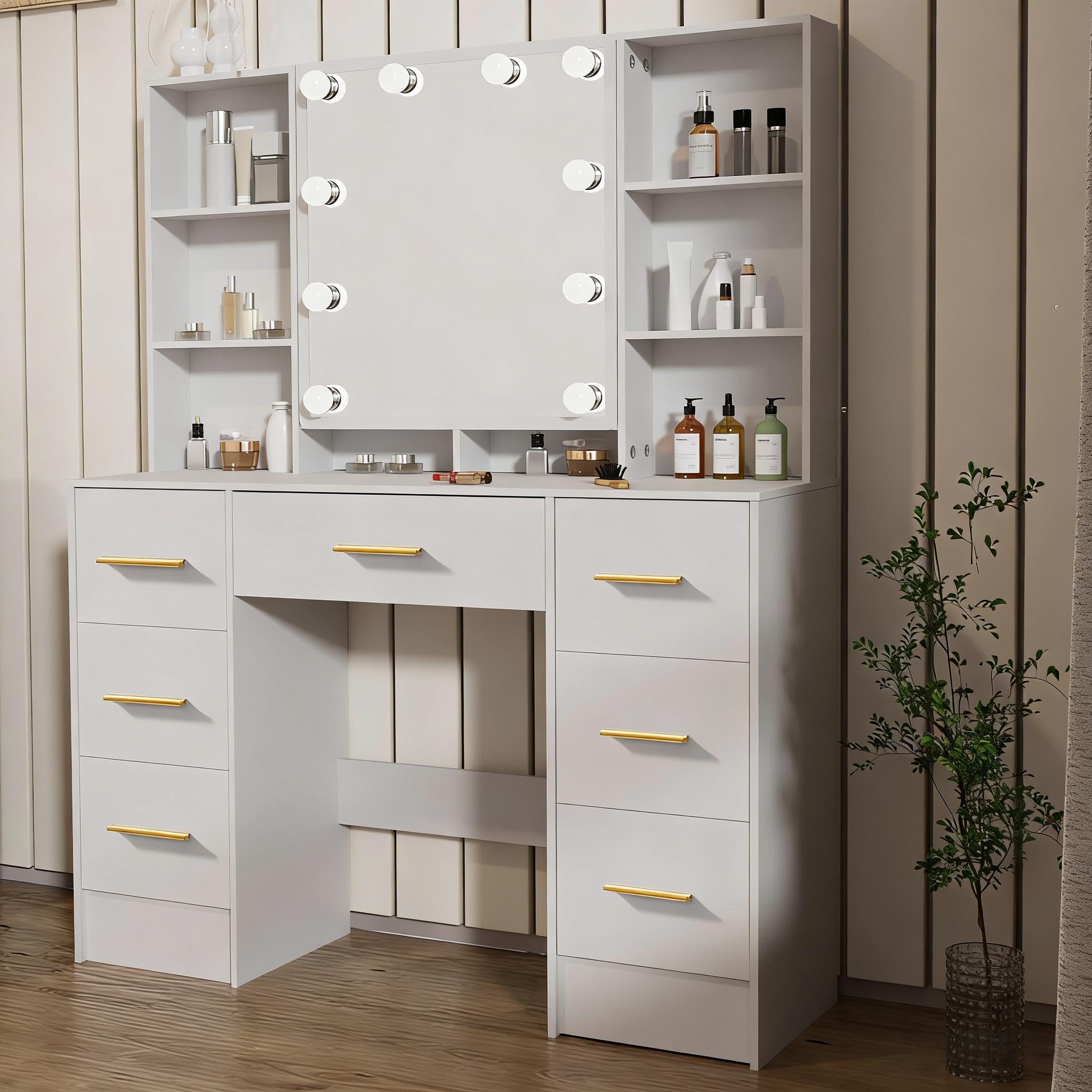 Umeiga Makeup Vanity Desk with Lighted Mirror | 7 Drawers White Dressing Table