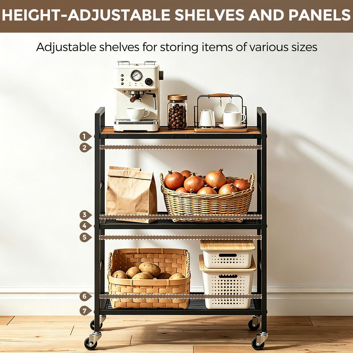 3-Tier kitchen trolley,Brown Wood Top,60W×30Dcm,4 Hooks, Adjustable Shelves - image 3