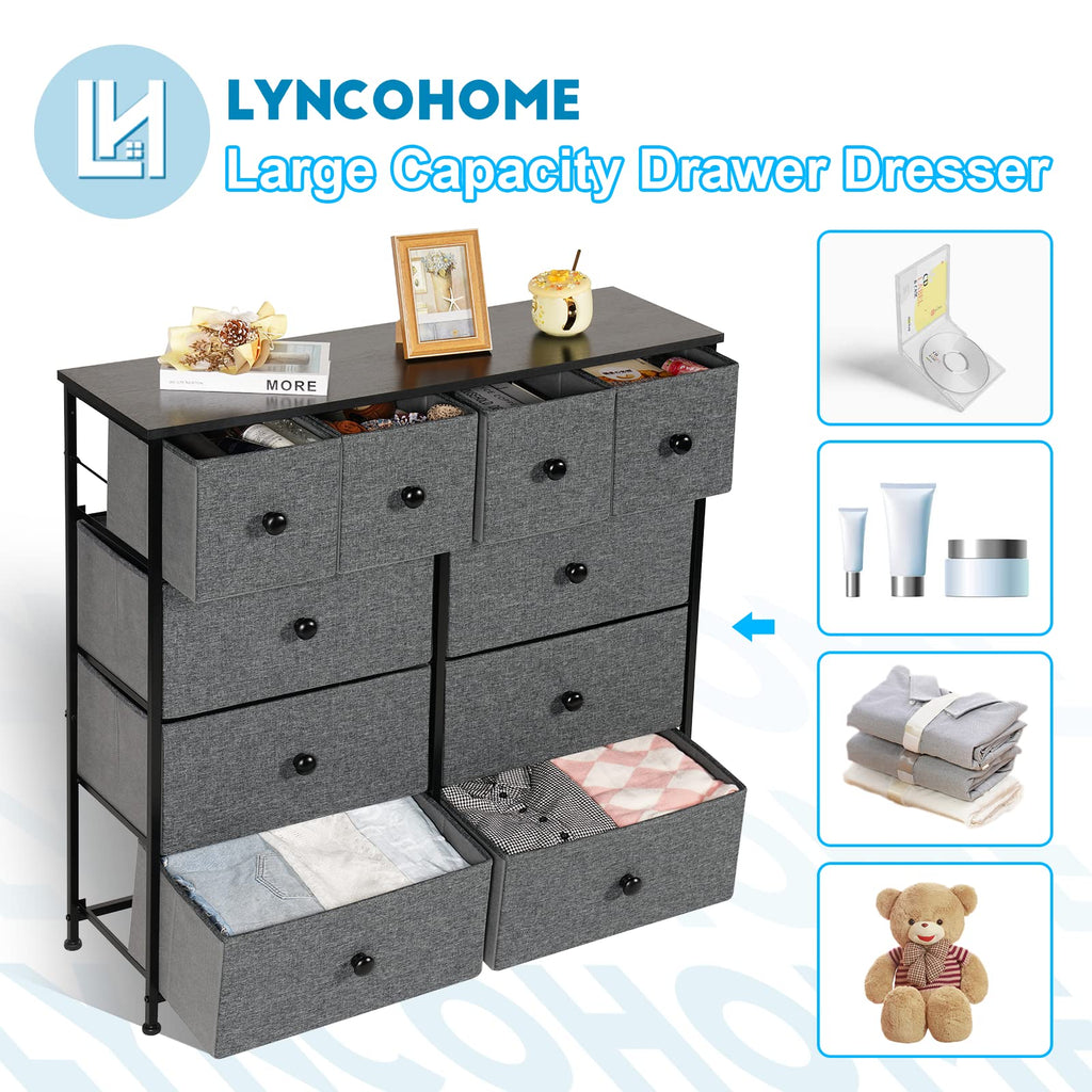 LYNCOHOME 10-Drawer Fabric Dresser – Metal Frame Storage Chest