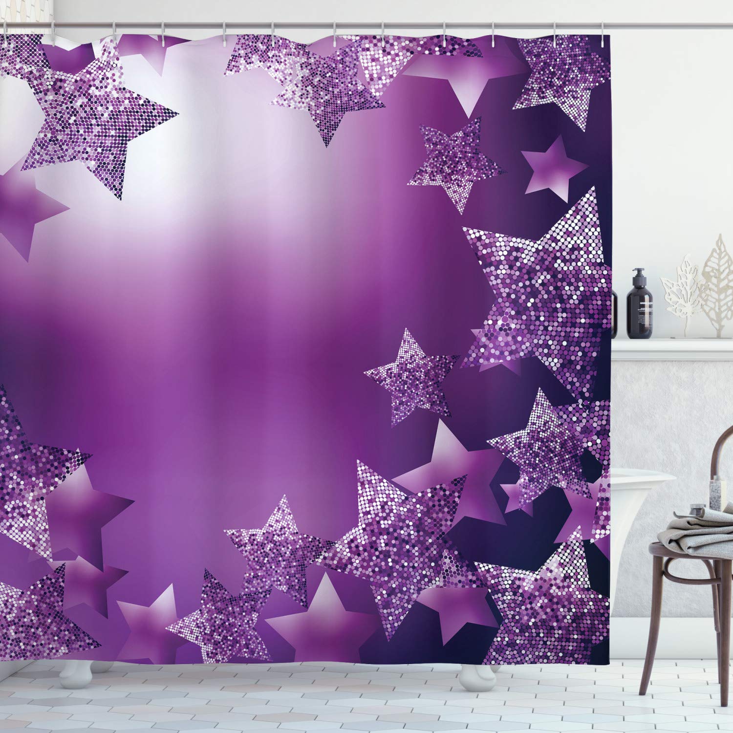 ABAKUHAUS Christmas Shower Curtain | Purple Fractal Stars Fabric Decor