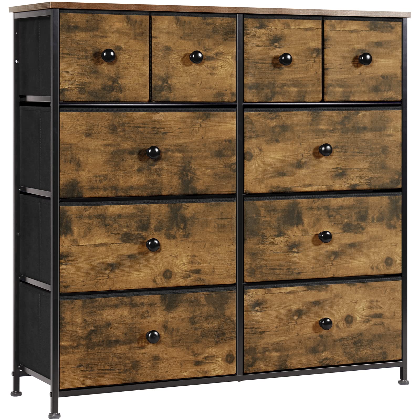 LYNCOHOME 10 Drawer Fabric Dresser – Rustic Brown Storage Chest