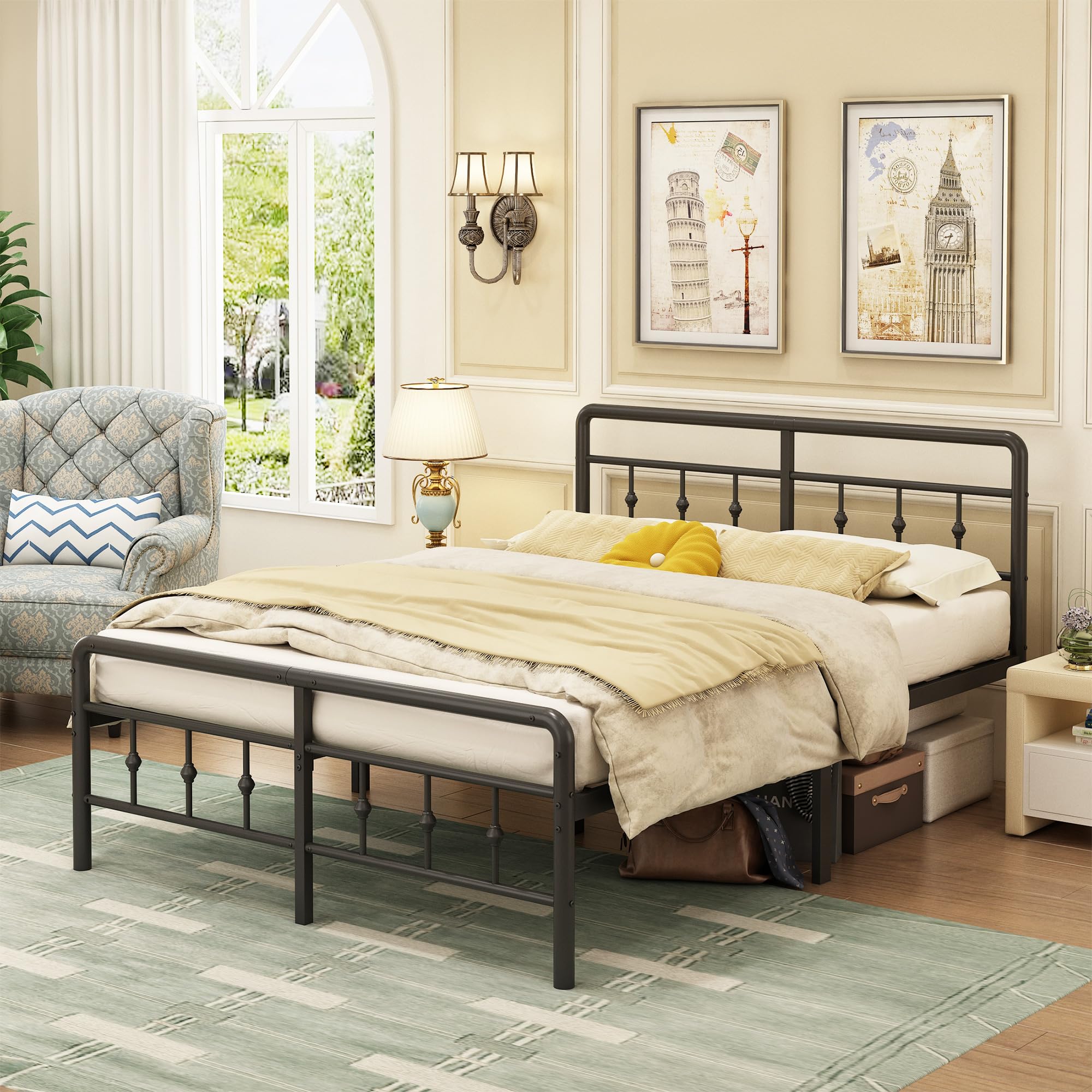 EMODA Double Metal Bed Frame 4ft6 | Victorian Headboard & Storage – Black