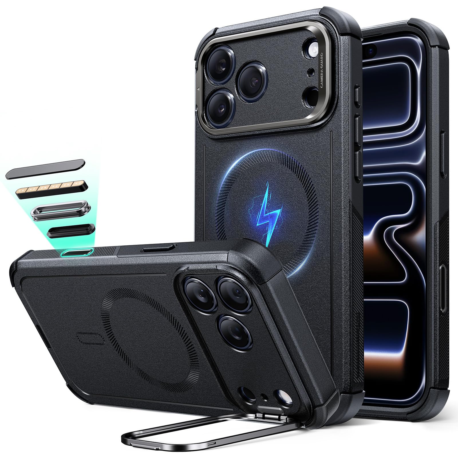 ESR iPhone 17 Pro Max Rugged Case – MagSafe Stash Stand Cover, Black