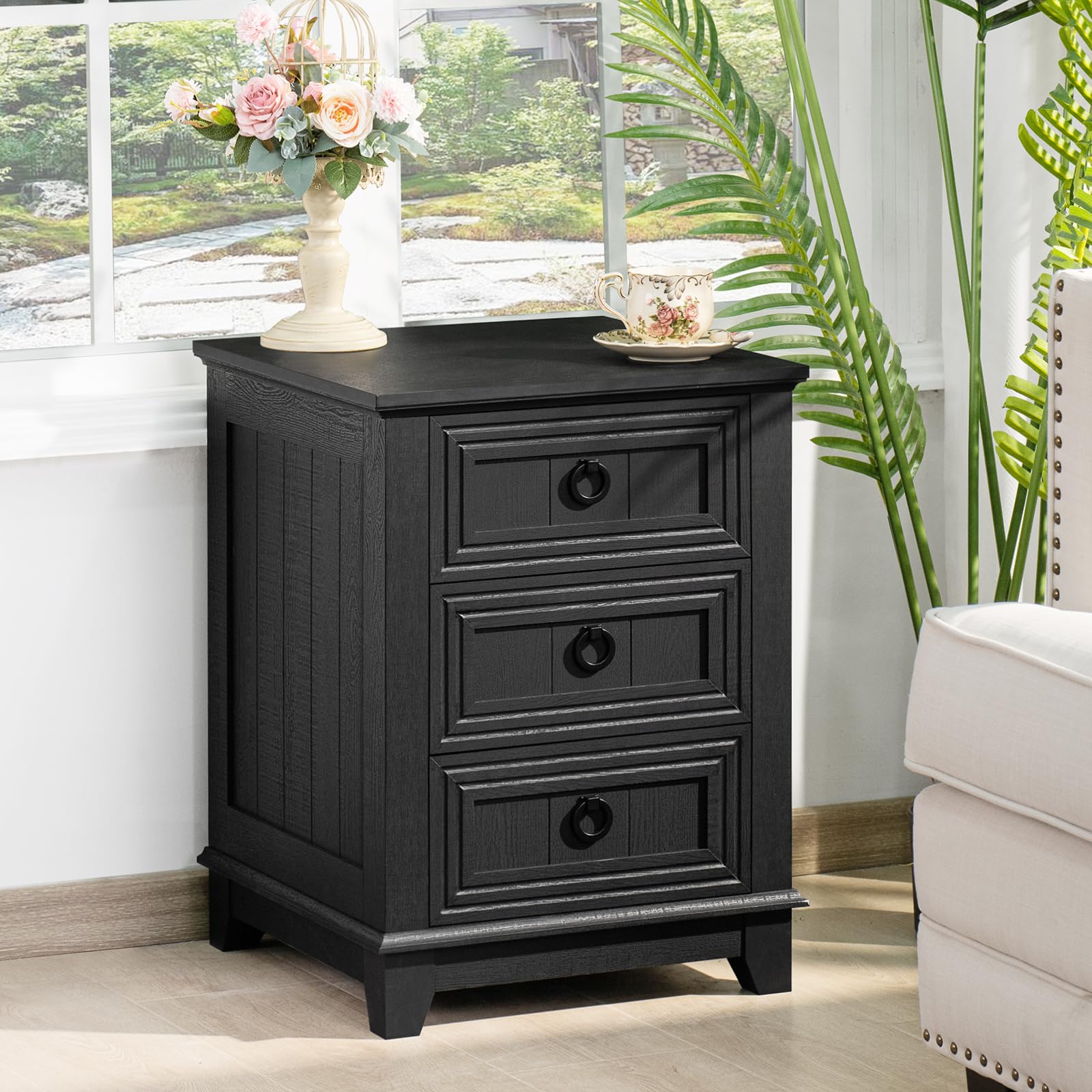 LELELINKY 3-Drawer Bedside Table – Black Country Style Wooden Nightstand