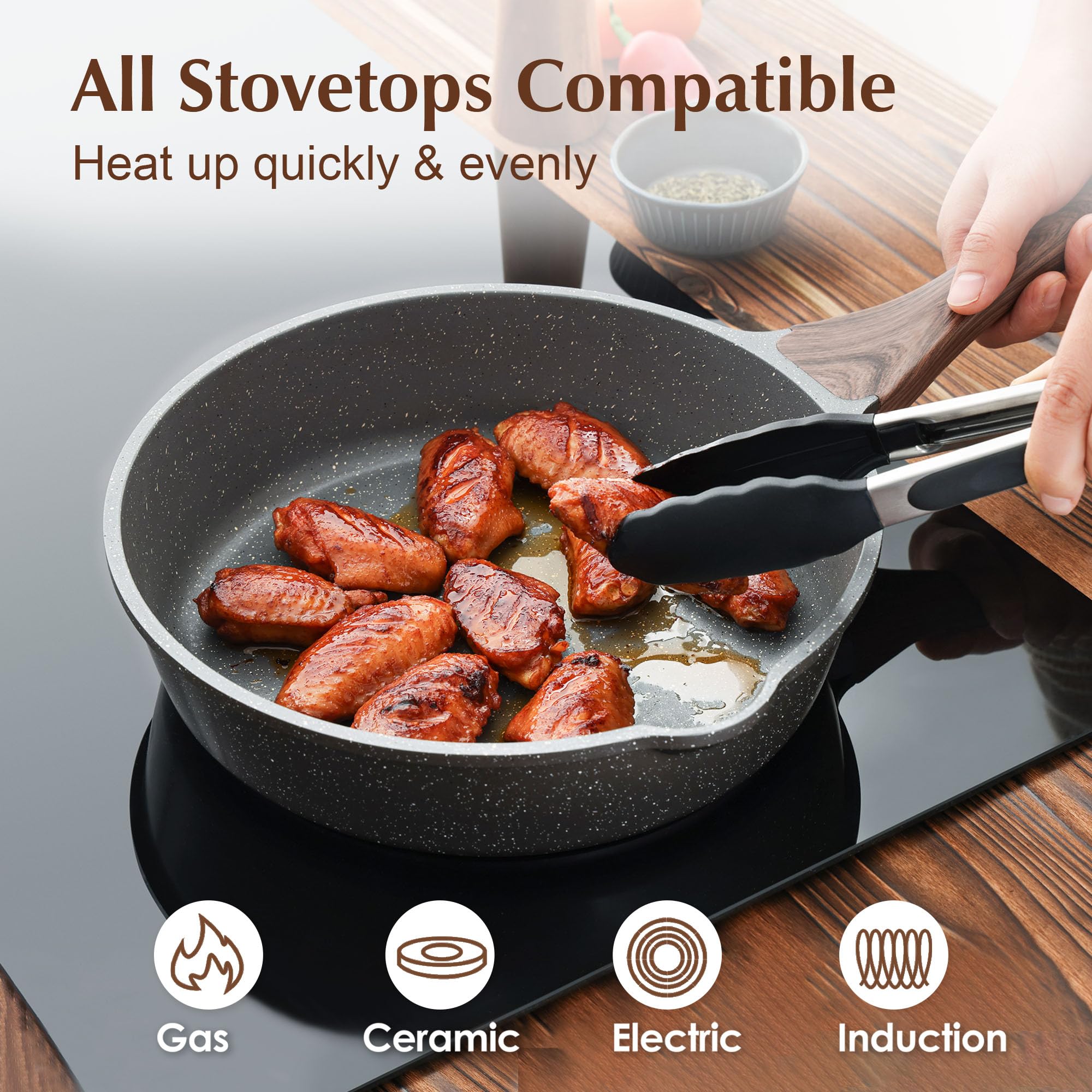 Sensarte Nonstick Deep Frying Pan with Lid | 26cm Granite Chef Skillet