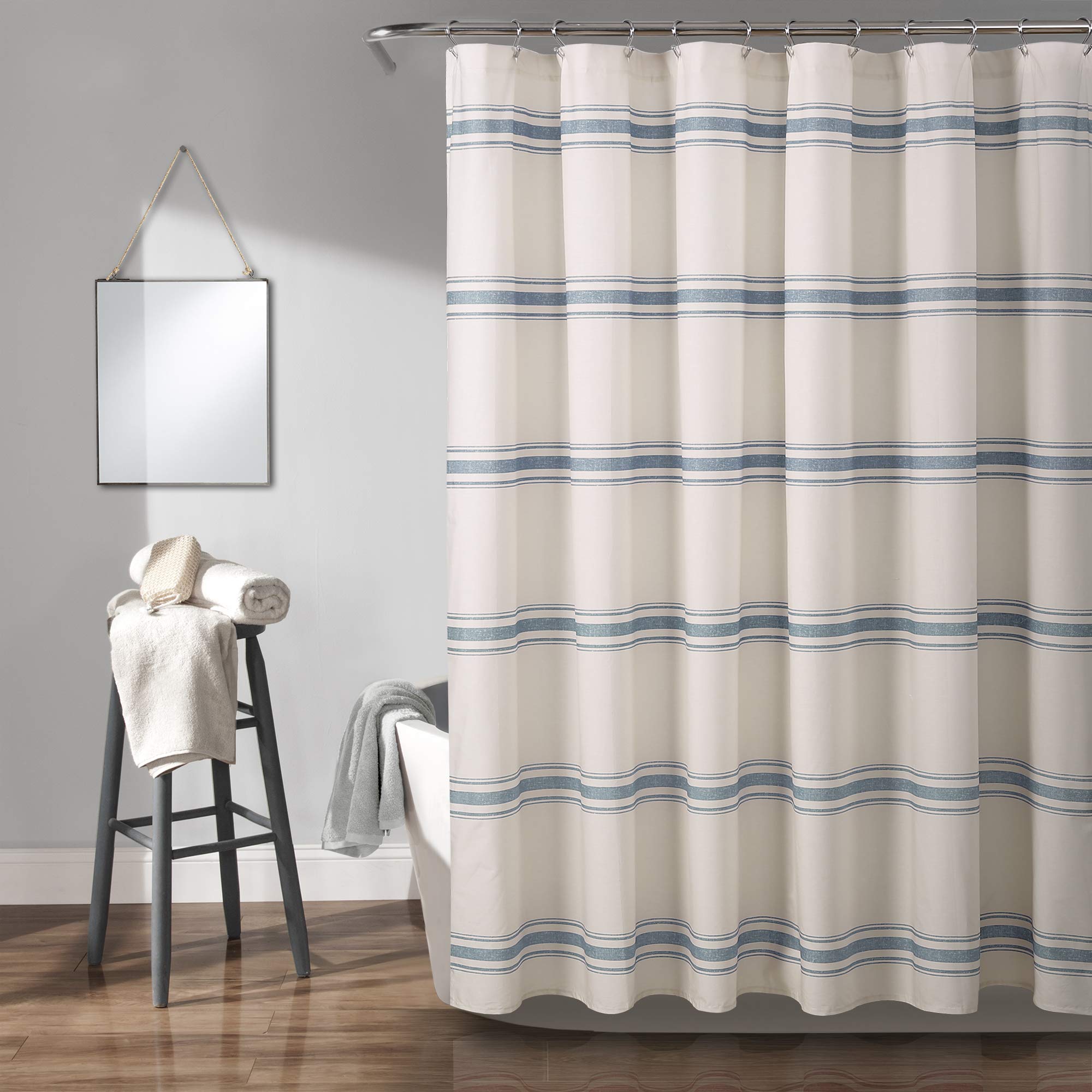 Lush Decor Farmhouse Stripe Cotton Shower Curtain | Blue, 72 x 72
