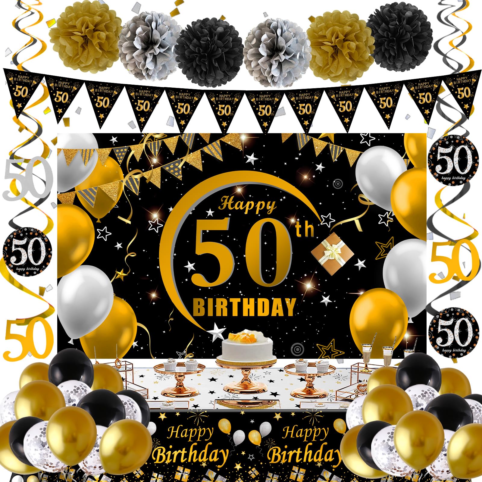 Jolof Store 50th Birthday Decorations Kit – Black and Gold Party Supplies