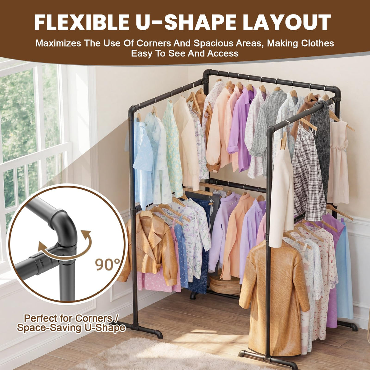 OPPAIYA Heavy Duty Clothes Rail, Up to 294cm Extra Large Clothes Rail for Bedroom, 6 Rails Flexible L/U-Shaped Open Wardrobe - image 3