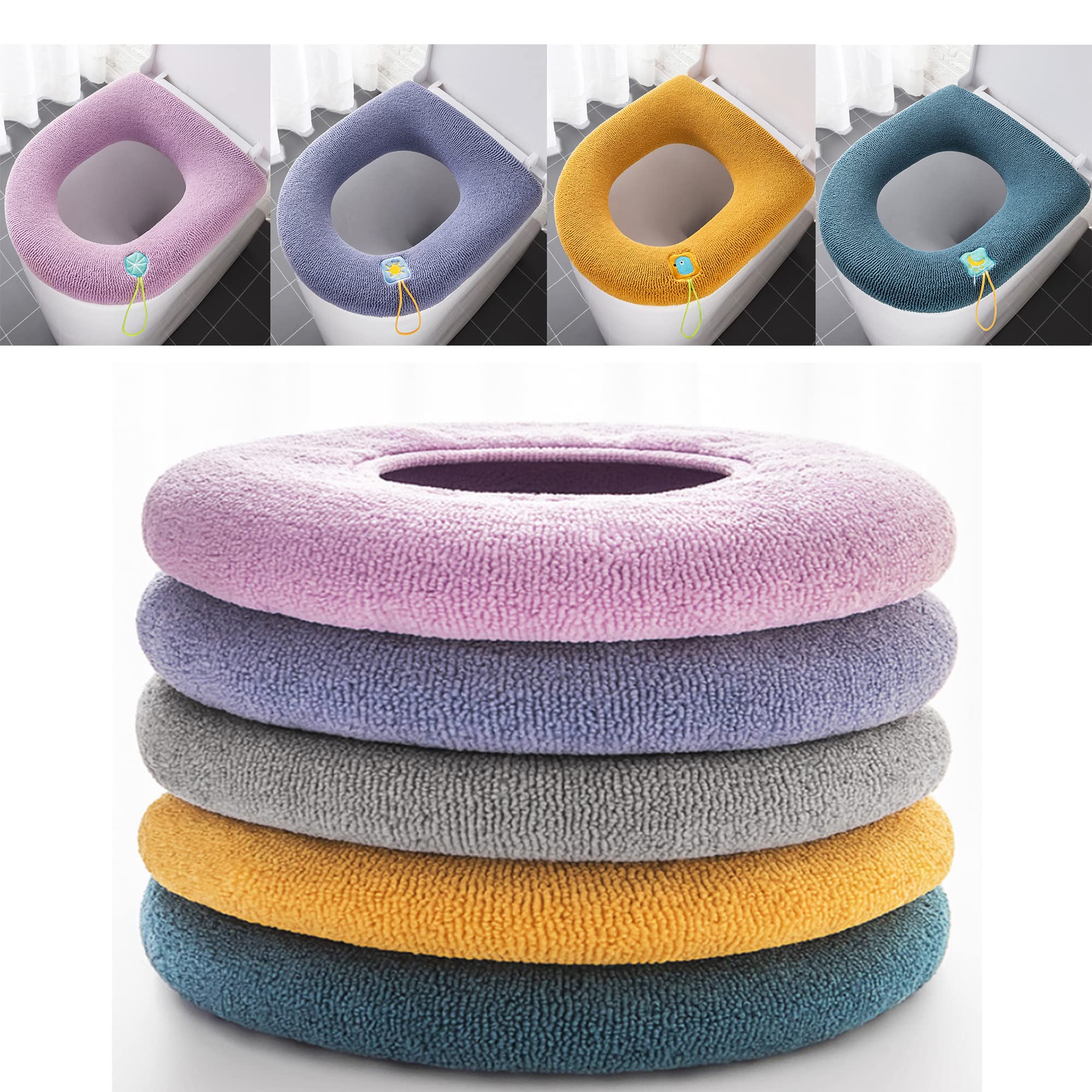 XUBX 5-Piece Toilet Seat Cover Pads | Soft Stretchable Warmer with Handle