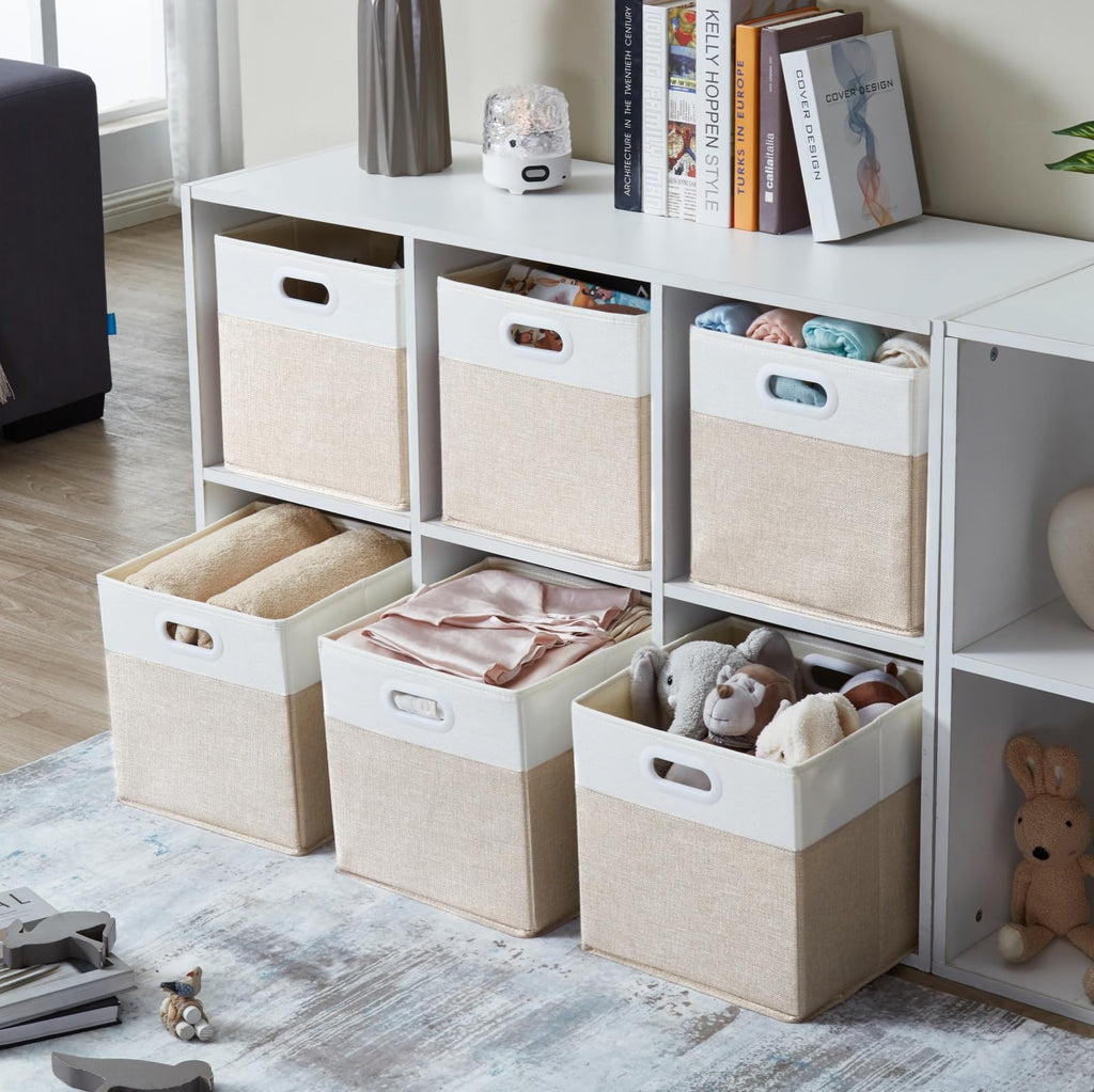 SOCOHOME Fabric Cube Storage Boxes,33x38x33cm Foldable Storage Baskets for Shelf Nursery ClosetLight beige/White, Set of 4