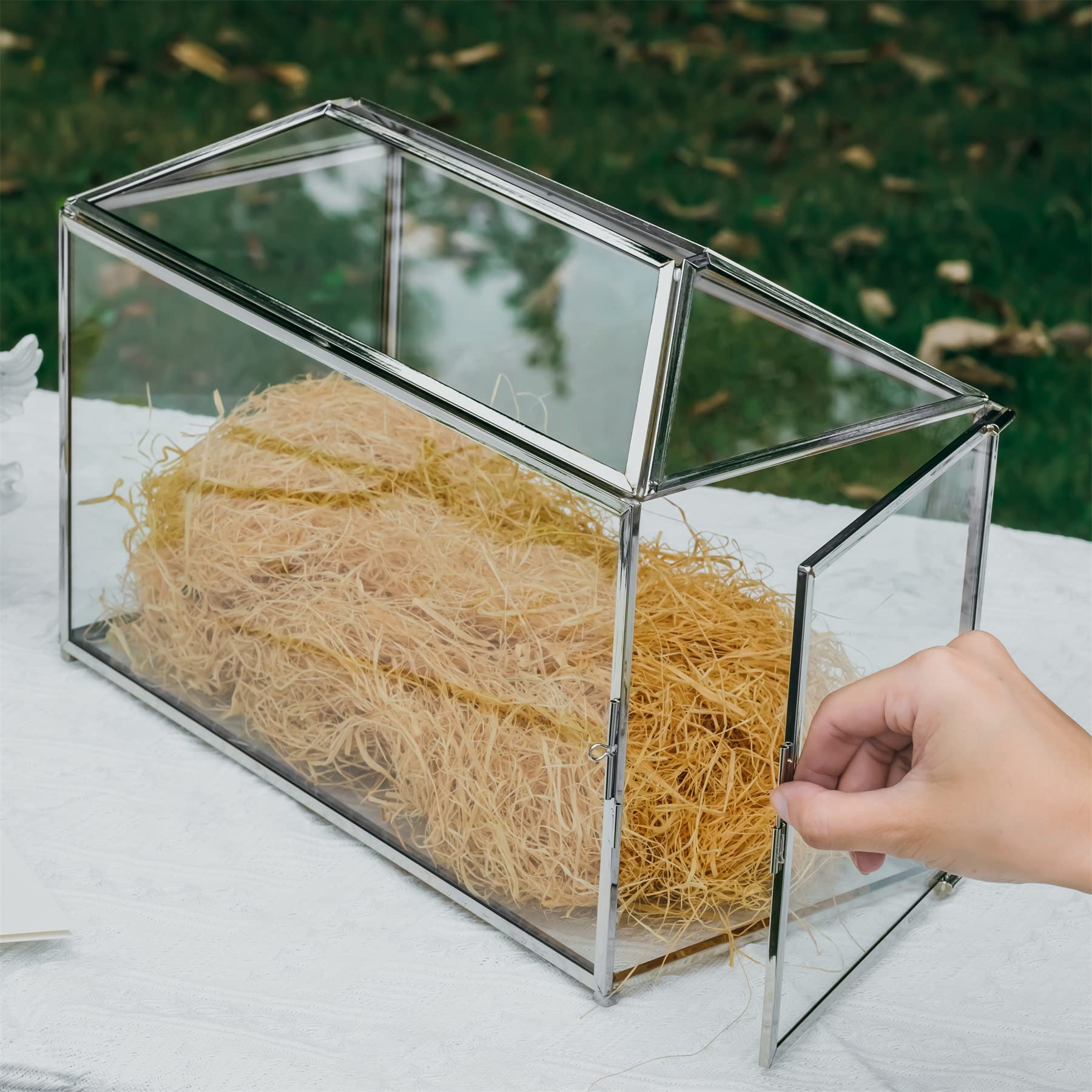 NCYP Silver Glass Wedding Card Box with Lock – Large Geometric Terrarium