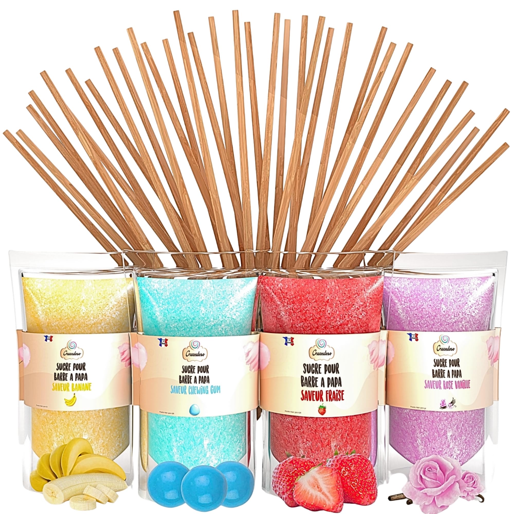 Greendoso Candy Floss Sugar - 4 Flavors with 50 Sticks - 4x320g Pack