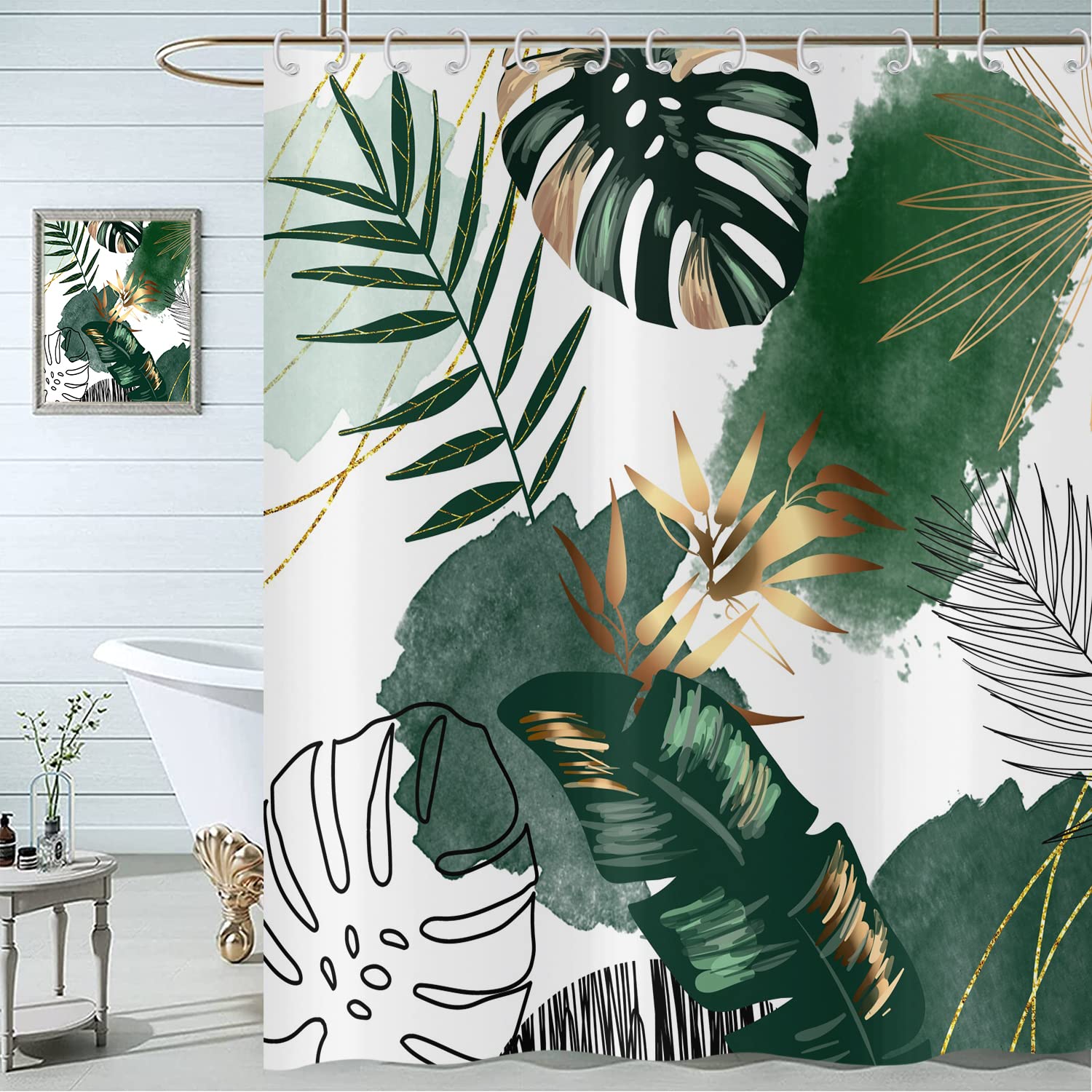 Hnmdmyi Boho Green Tropical Leaves Shower Curtain | Waterproof Polyester