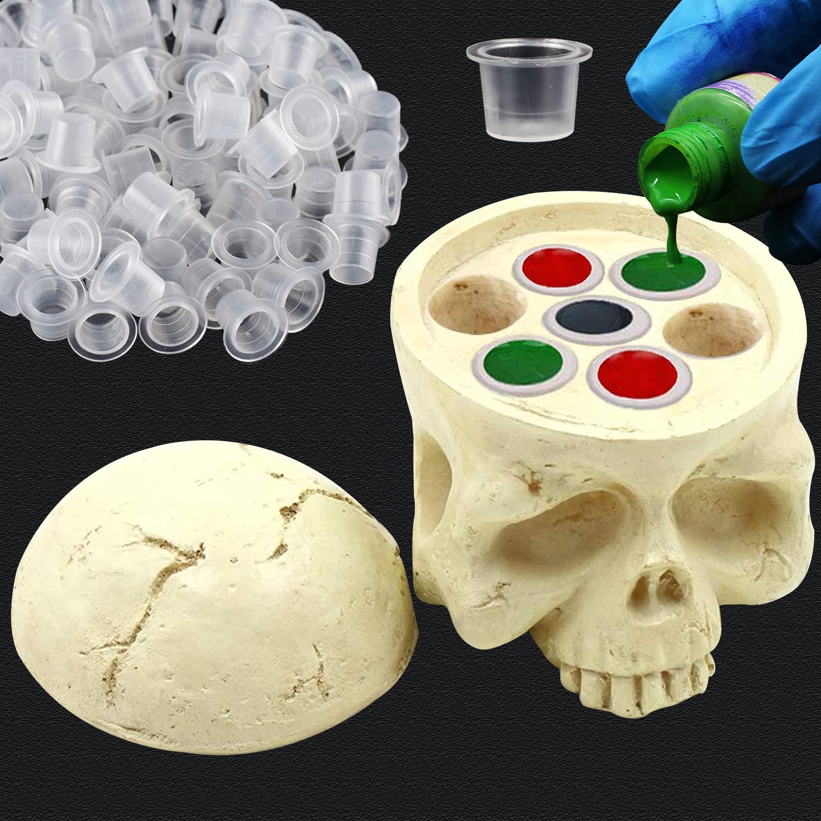 Rayyl Skull Tattoo Ink Cup Holder with 100 Large Ink Caps – 7 Hole Resin