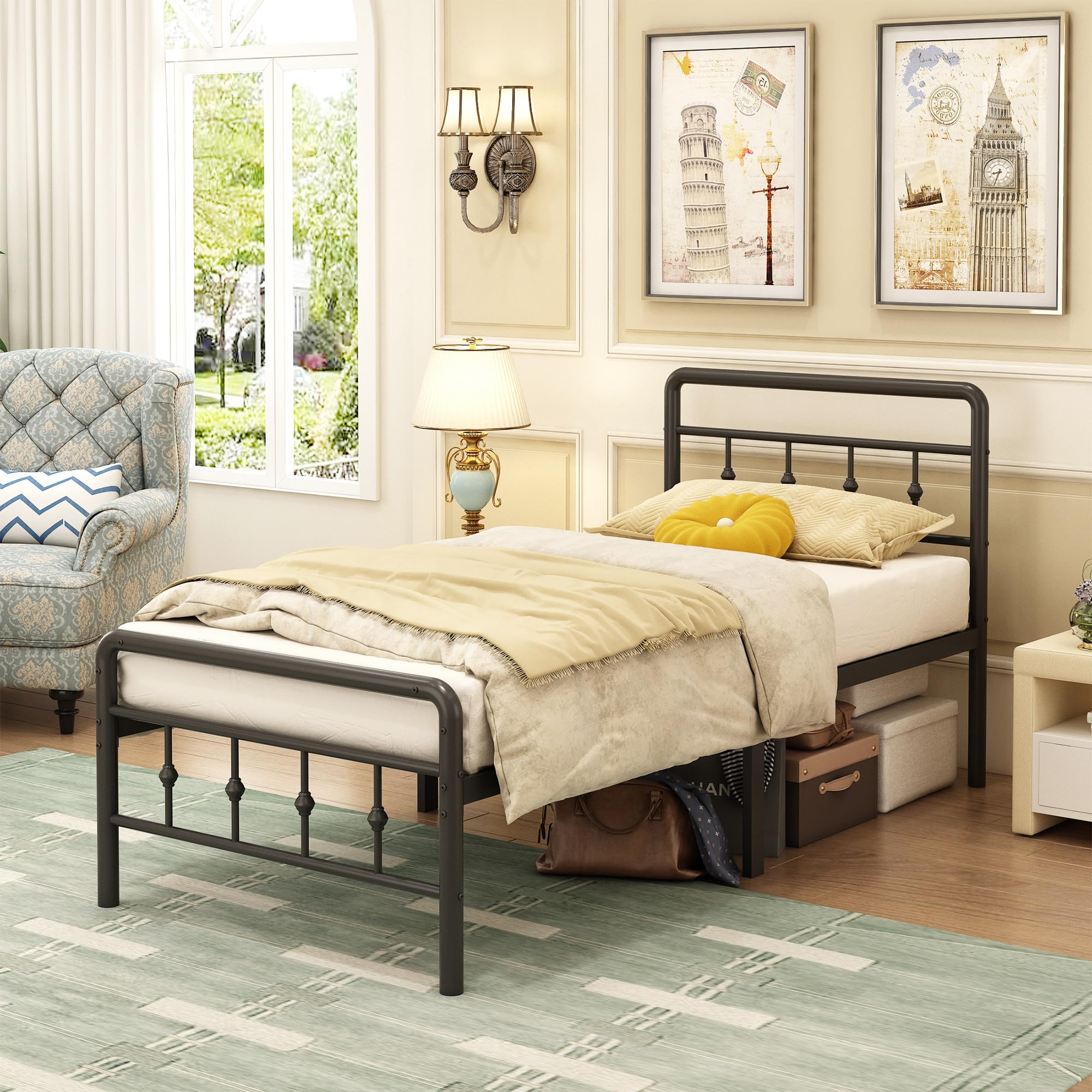 EMODA 3ft Single Metal Bed Frame | Victorian Headboard | Black Steel