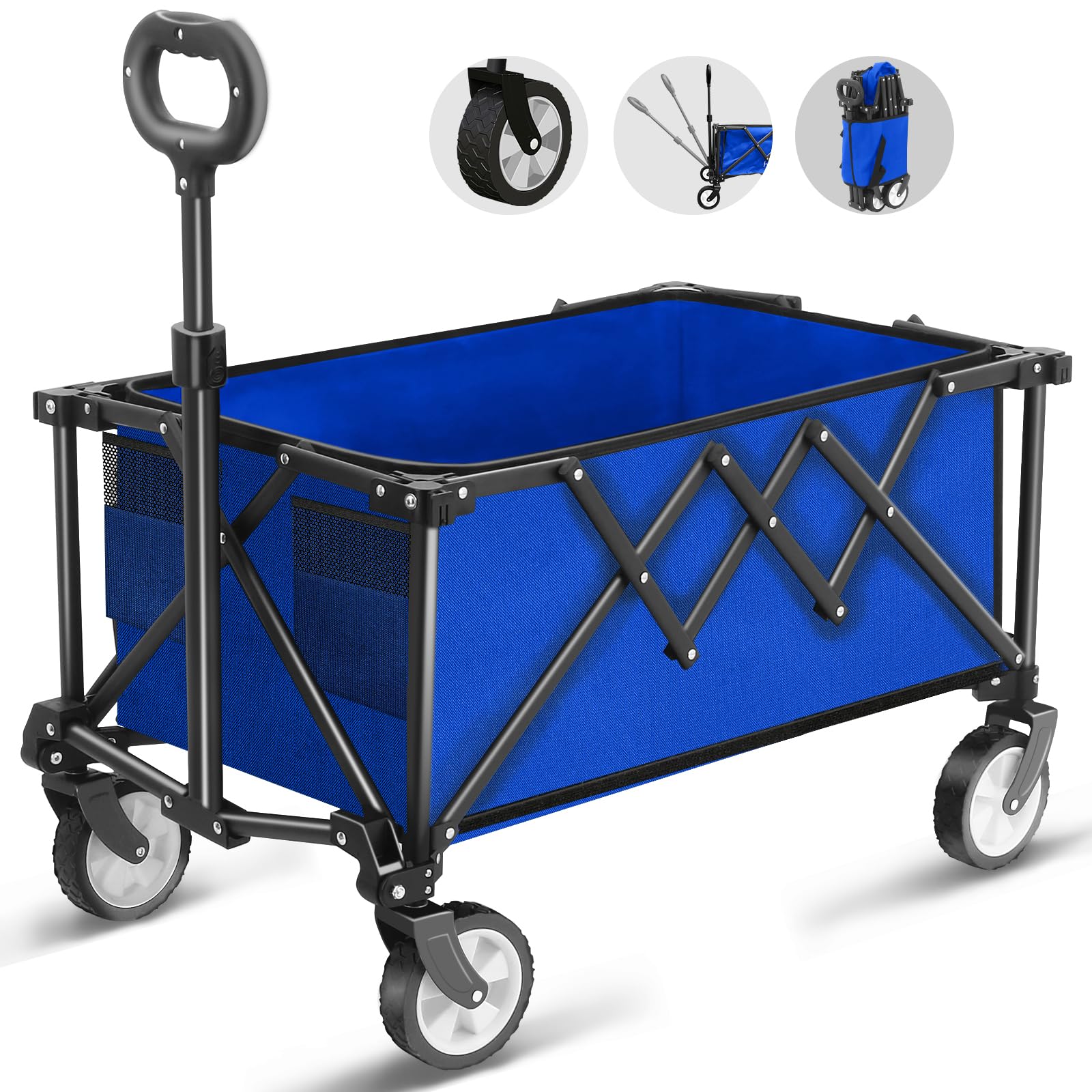 HOFTME Folding Wagon | 100L All Terrain Garden Trolley with Cover - Blue