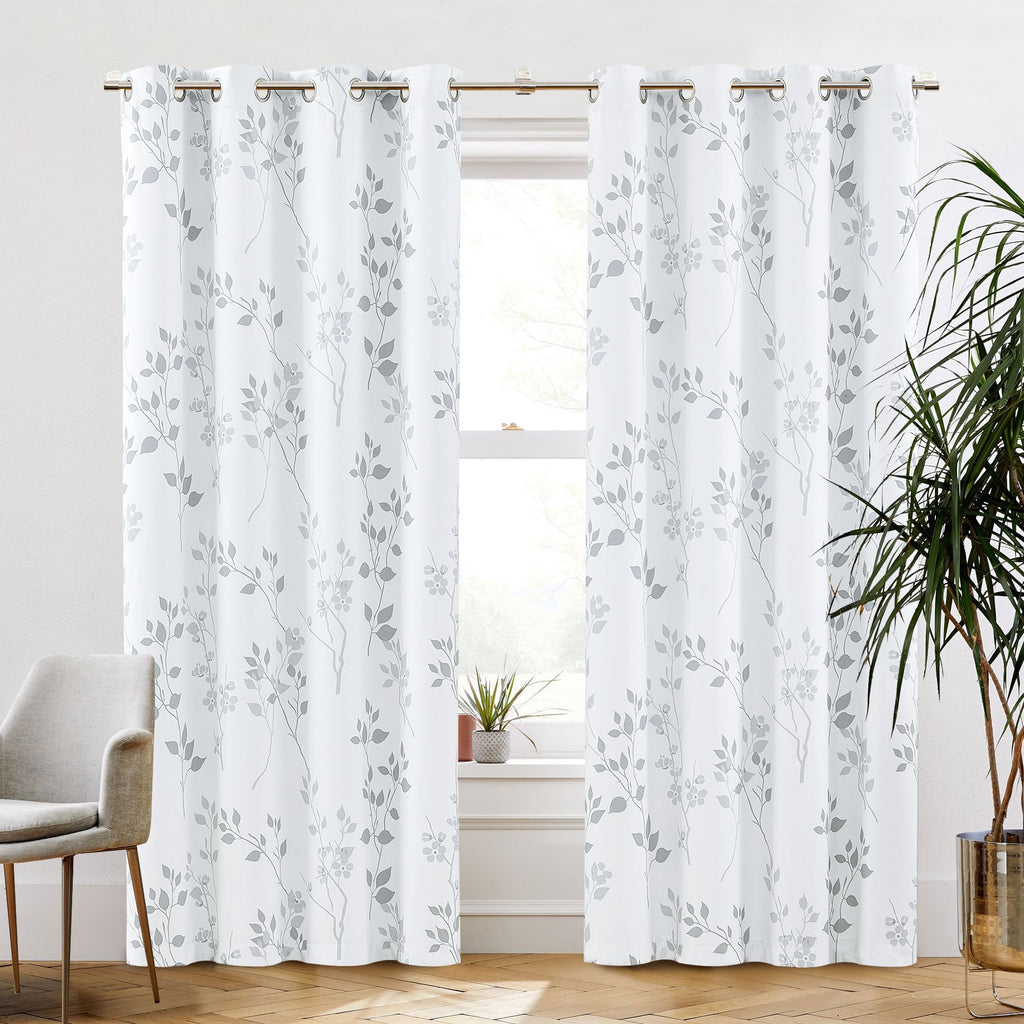 Beauoop Grey Floral Blackout Curtains | Thermal Insulated 90 Inch Drapes