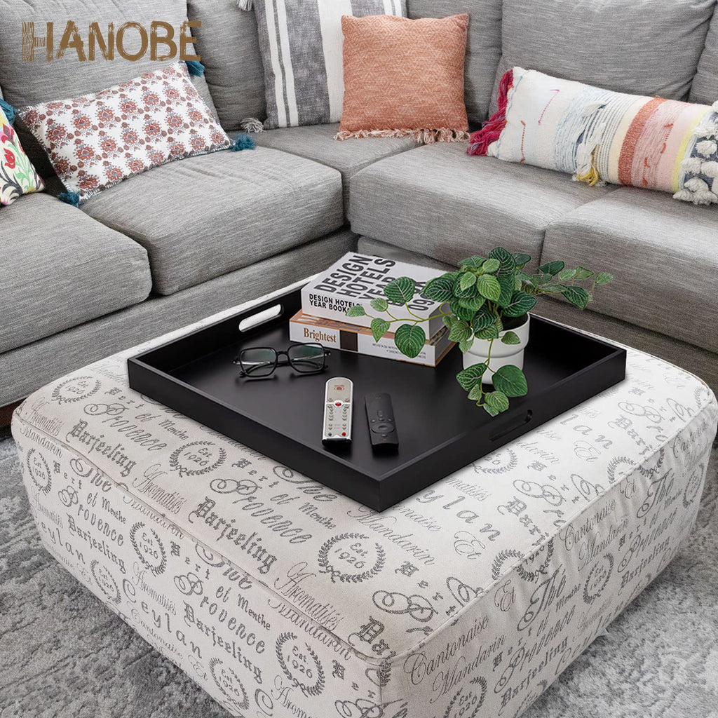 Hanobe 20" Square Ottoman Tray – Large Black Wood Decorative Serving Tray