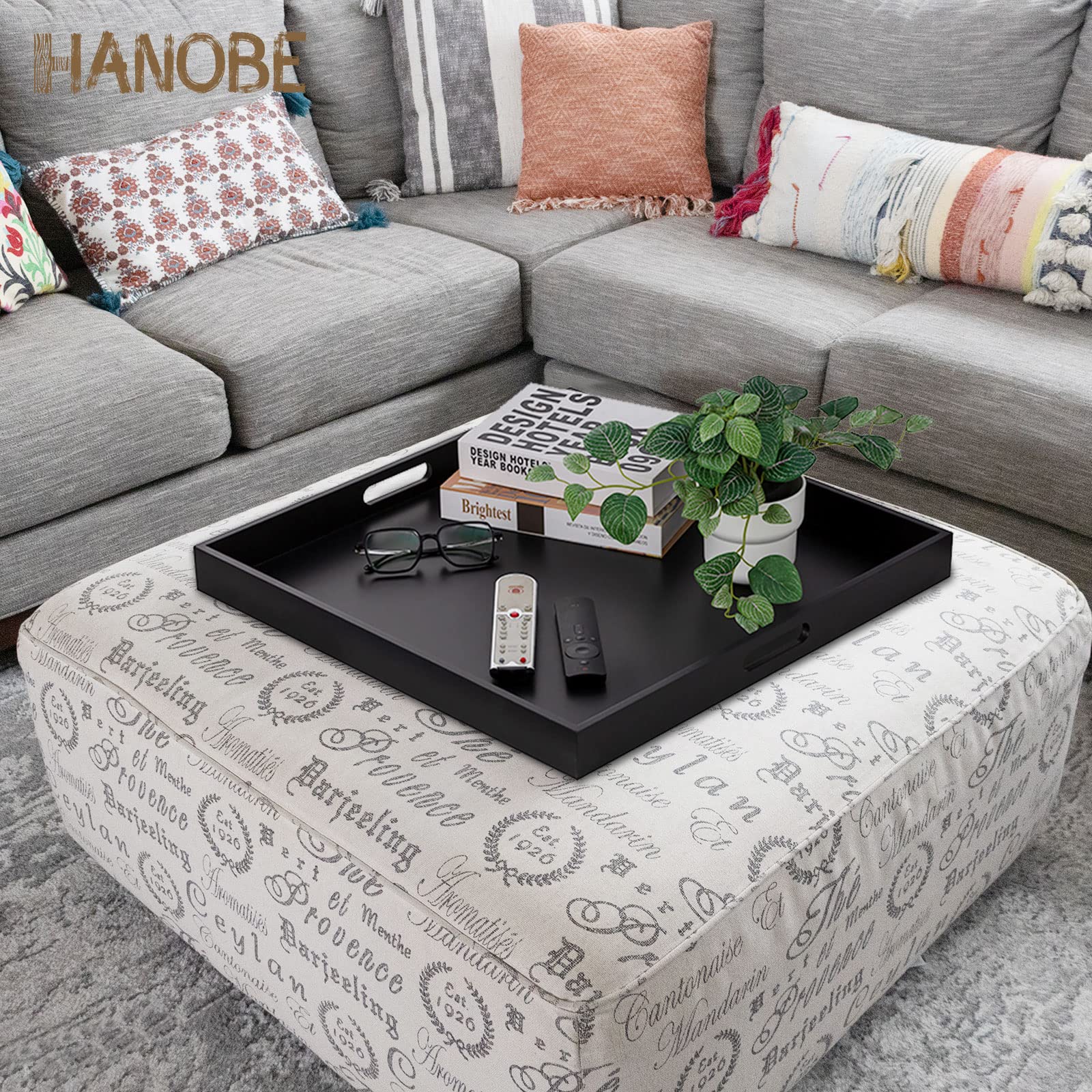 Hanobe 20" Square Ottoman Tray – Large Black Wood Decorative Serving Tray