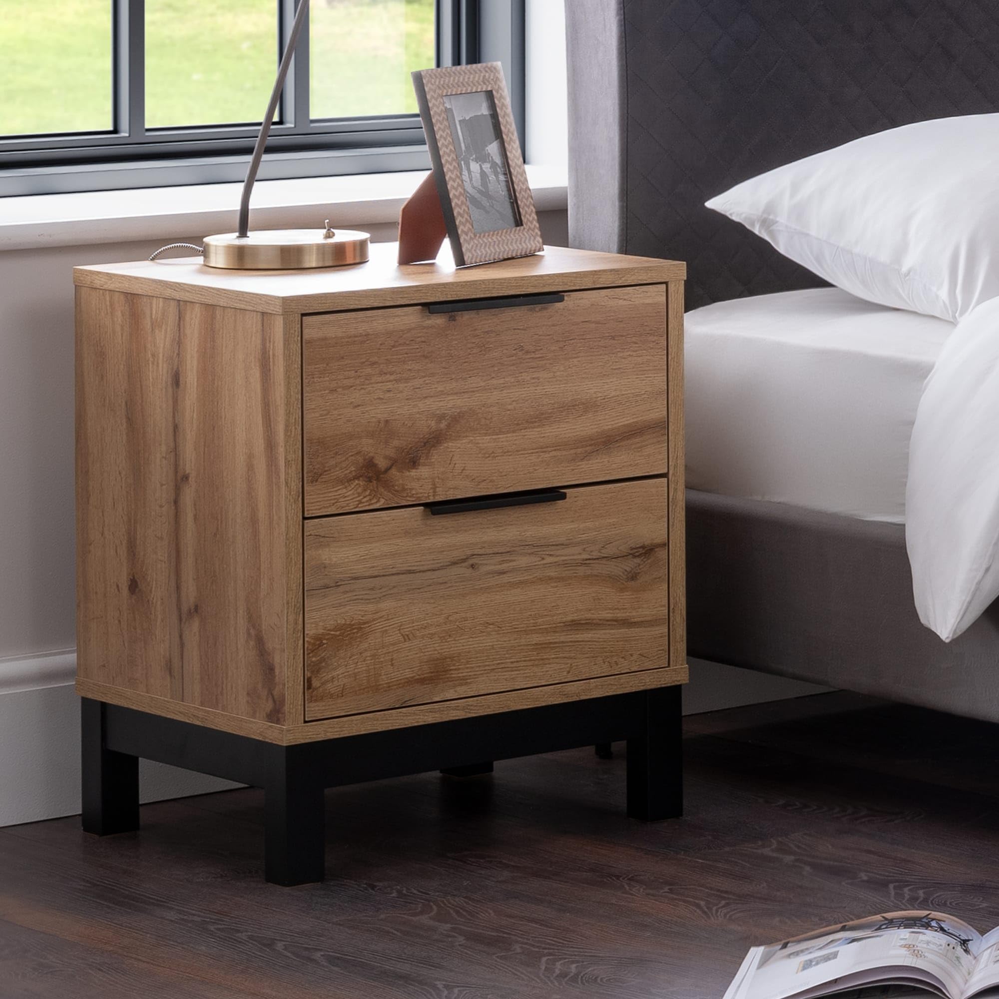 Julian Bowen Bali 2 Drawer Bedside Table – Oak Wood Industrial Style