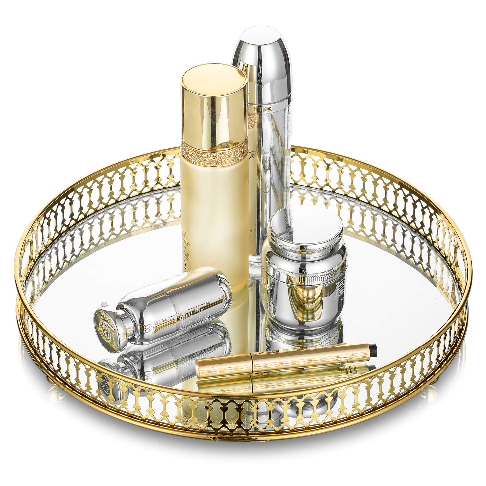 Nuptio Gold Mirrored Perfume Tray | 32cm Round Glass Vanity Organizer