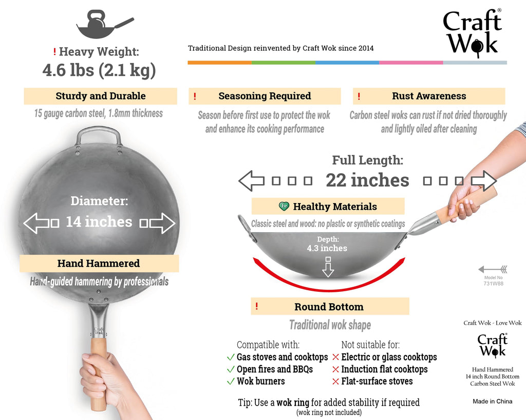 Craft Wok 14 Inch Hand Hammered Carbon Steel Round Bottom Pow Wok