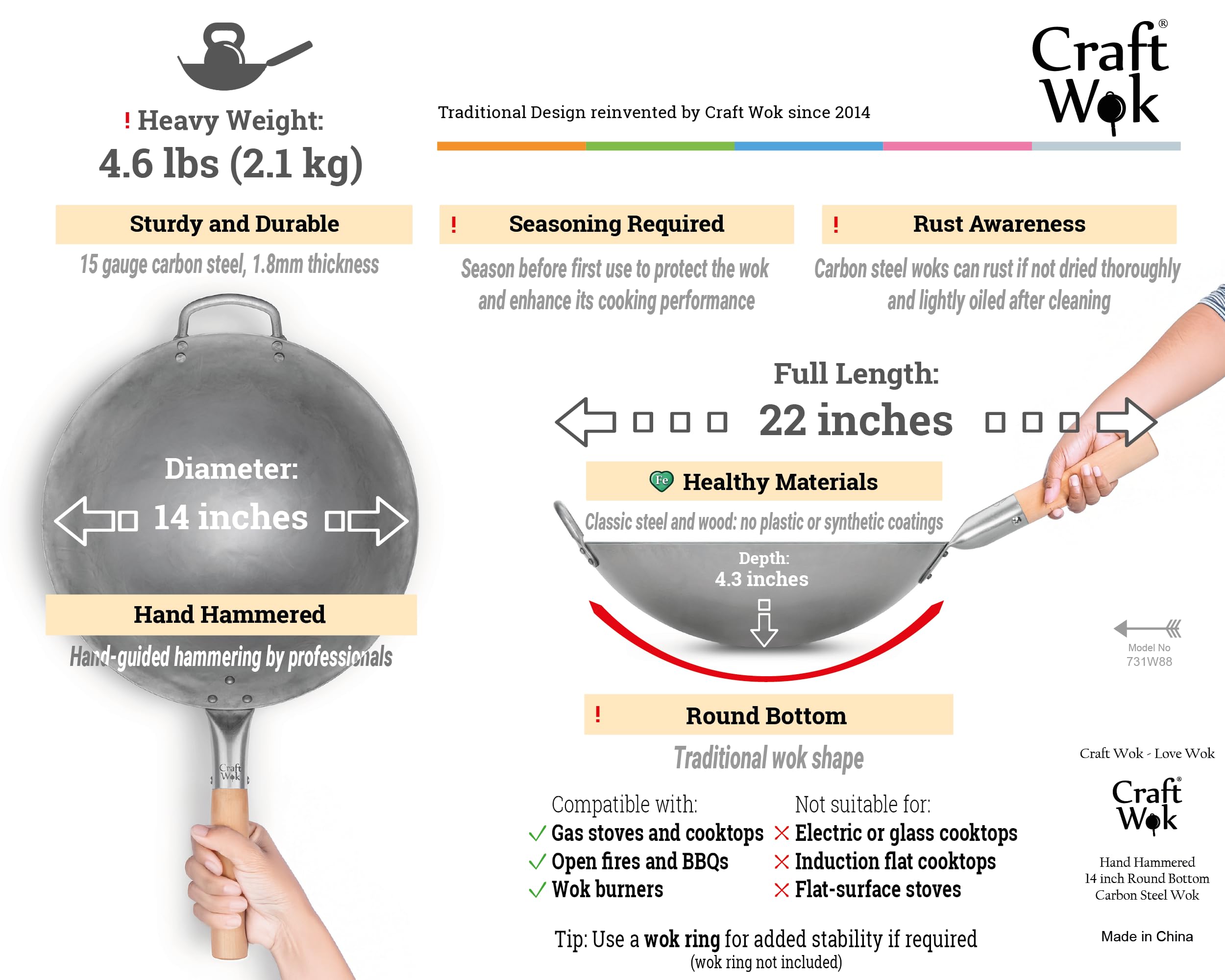Craft Wok 14 Inch Hand Hammered Carbon Steel Round Bottom Pow Wok
