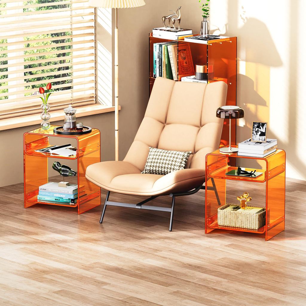 Acrylic End Table with Storage Shelf, Clear Side Table, Record Player Table, Nightstand, 15.7x19.7x11.8 Orange, 40×30×50 cm