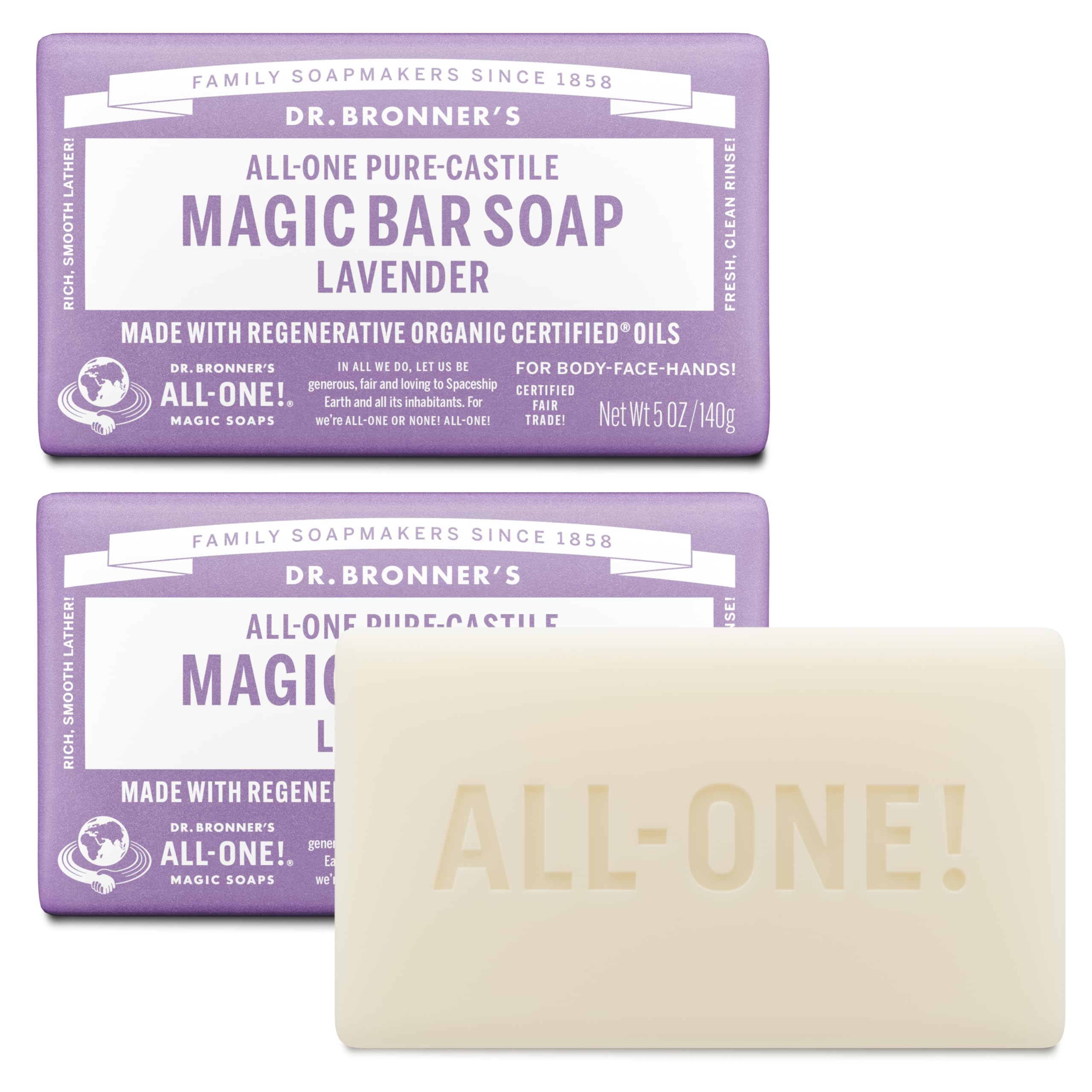 Dr. Bronner's Organic Lavender Pure-Castile Bar Soap – 2 Pack (5 oz)