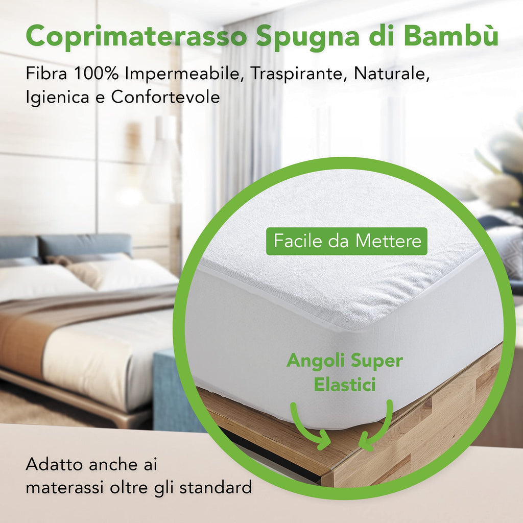 Waterproof Double Mattress Protector 160 x 200 cm – Super Soft Natural Bamboo Terry Fabric – Super Elastic Corners Up to 30 cm – Refreshing