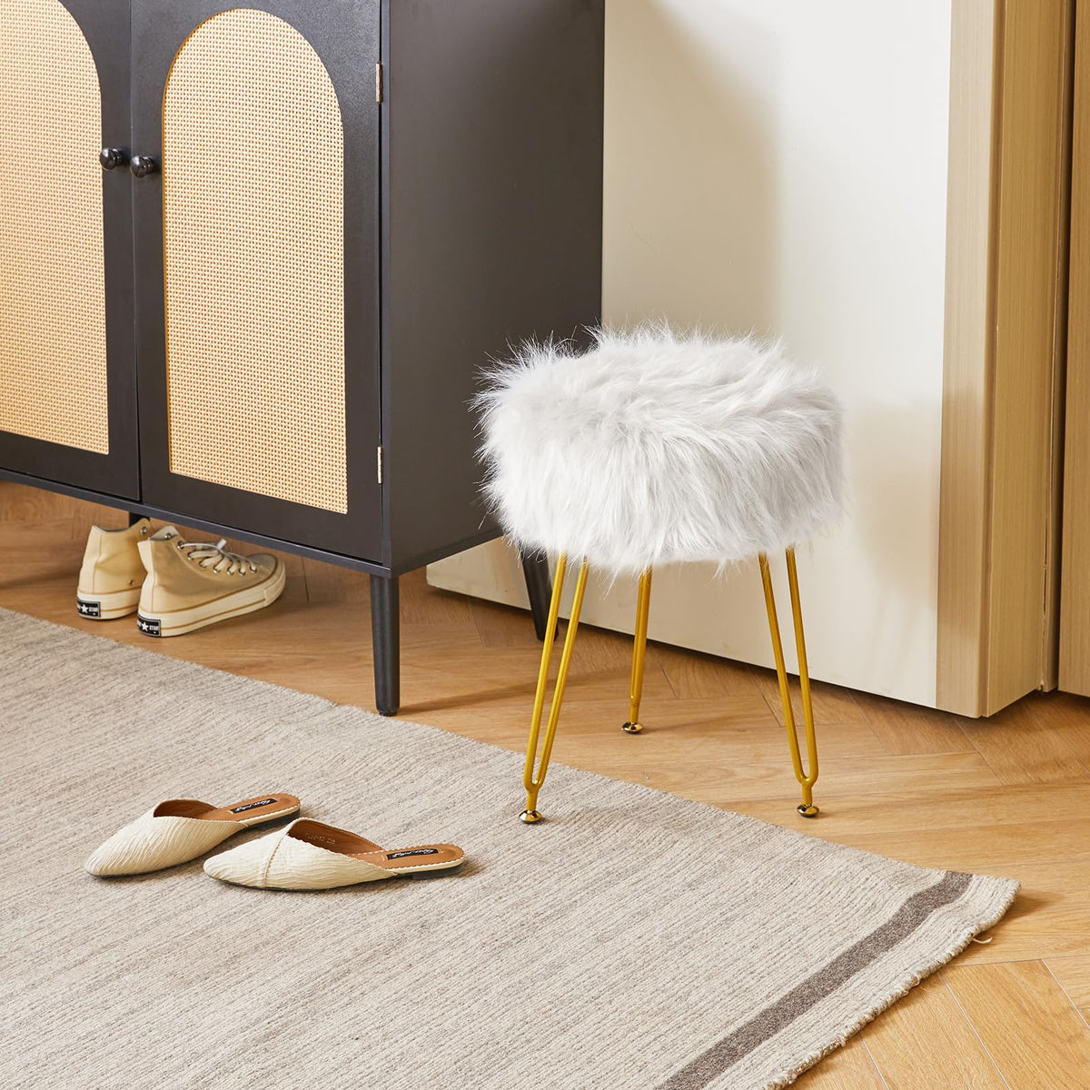 IBUYKE Faux Fur Vanity Chair, Furry Makeup Stool Ottoman, White L/G-32W - image 5