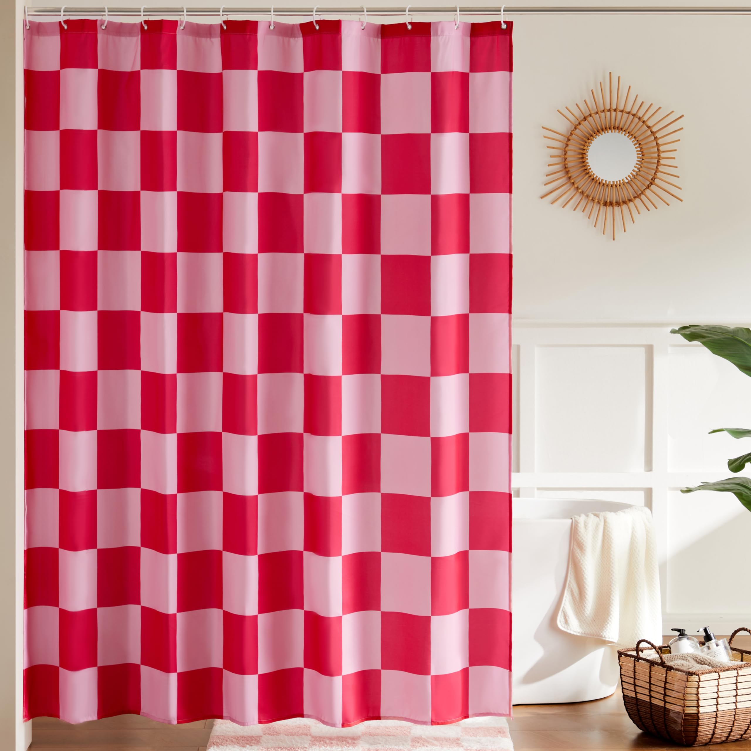 Pink Checkered Shower Curtain – Retro Waterproof Polyester