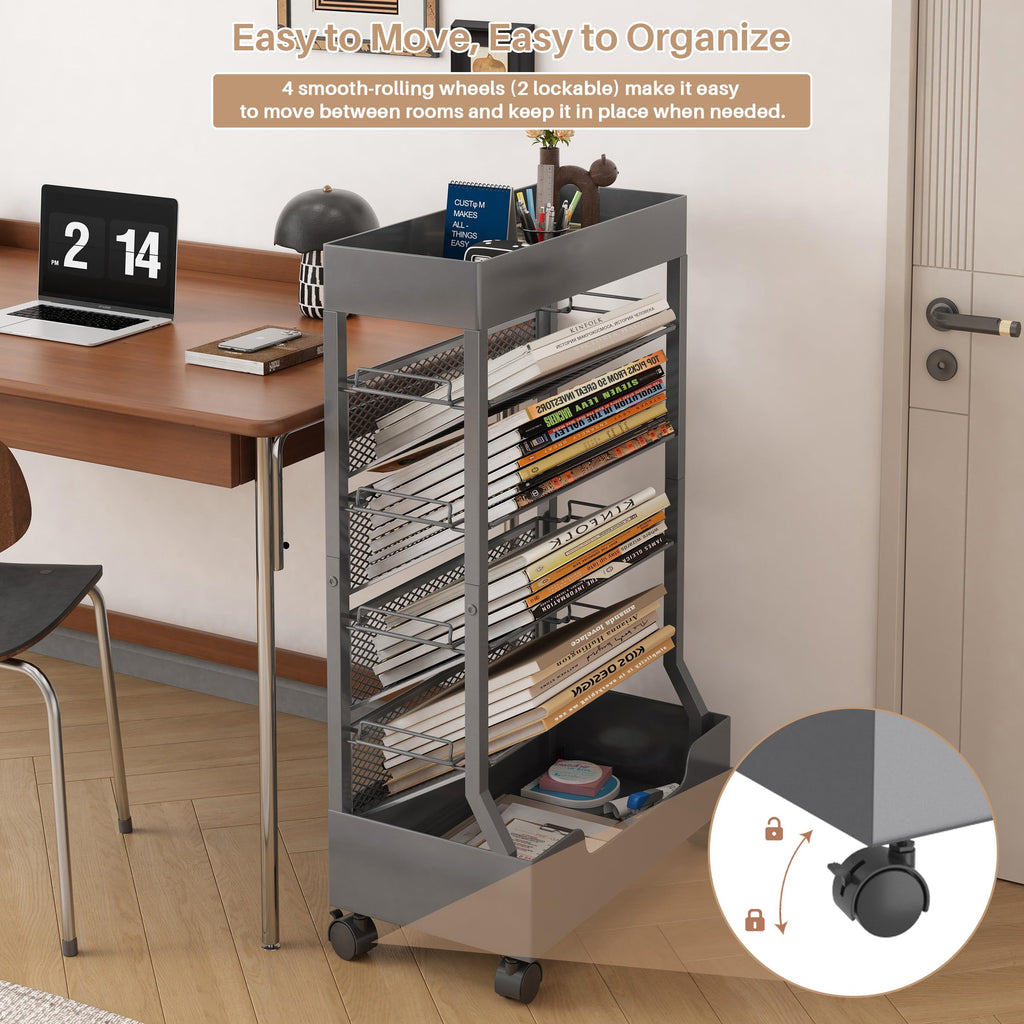 Ornestia Metal Book Trolley, Mobile Storage Bookcase with WheelsGrey