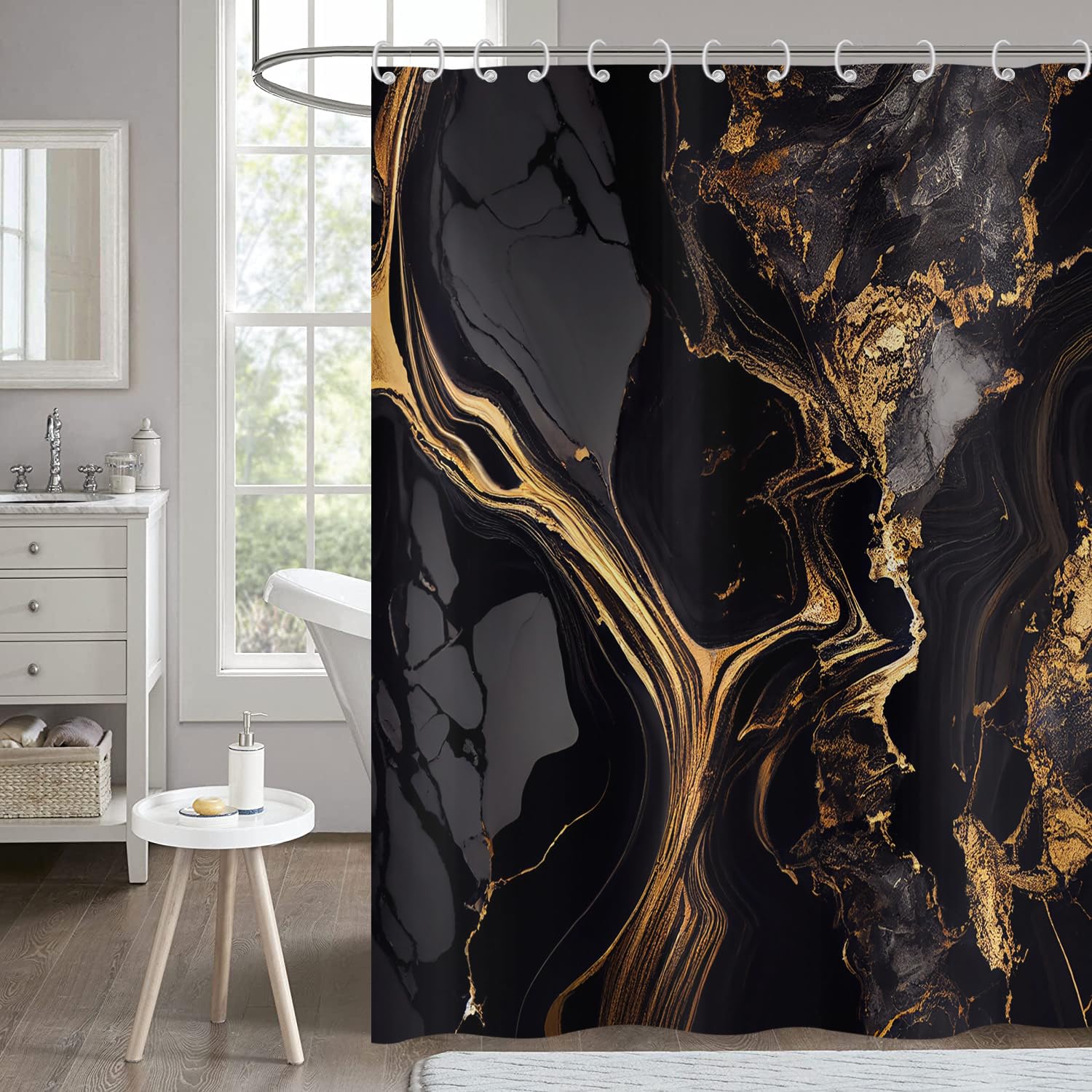 Hnmdmyi Black and Gold Marble Shower Curtain | Waterproof Polyester, 71x71