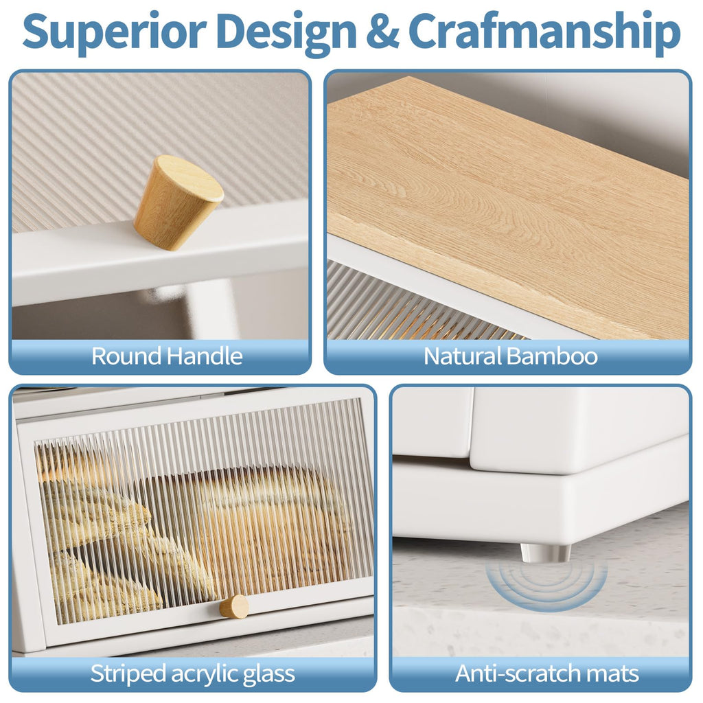 Urackify Large 2-Layer White Bread Bin with Striped Window & Wood Handle
