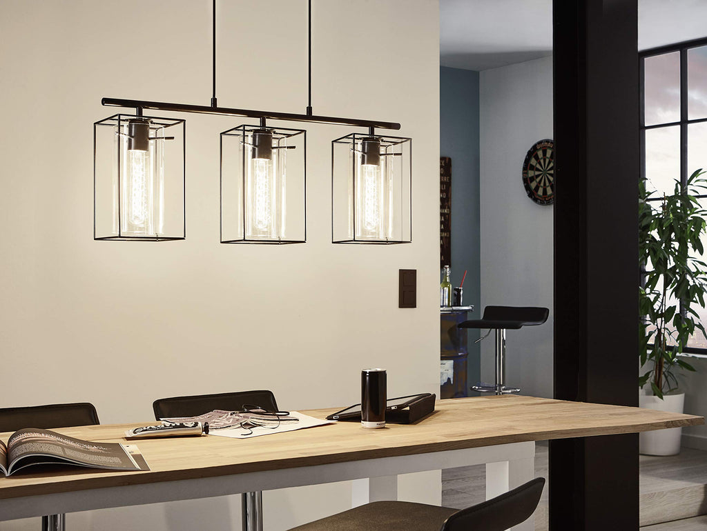 Eglo Loncino 3-Flame Vintage Pendant Lamp | Black Steel & Tinted Glass
