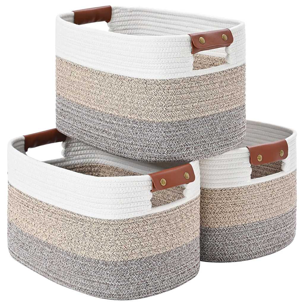 Cotton Rope Storage Baskets with Leather Handles, 3-Pack