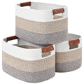 Cotton Rope Storage Baskets with Leather Handles, 3-Pack