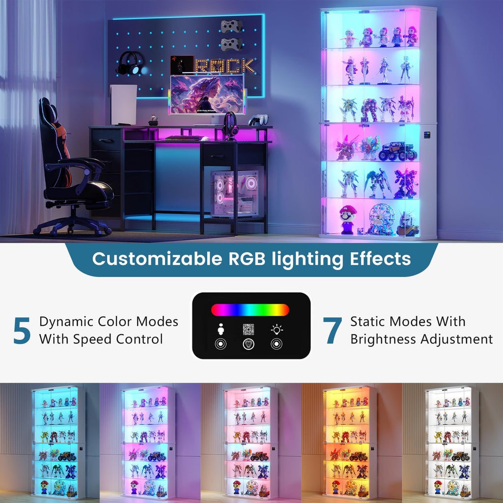FREDEES Display Cabinet with Glass Doors and RGB Light, 6-Tier, White - image 3