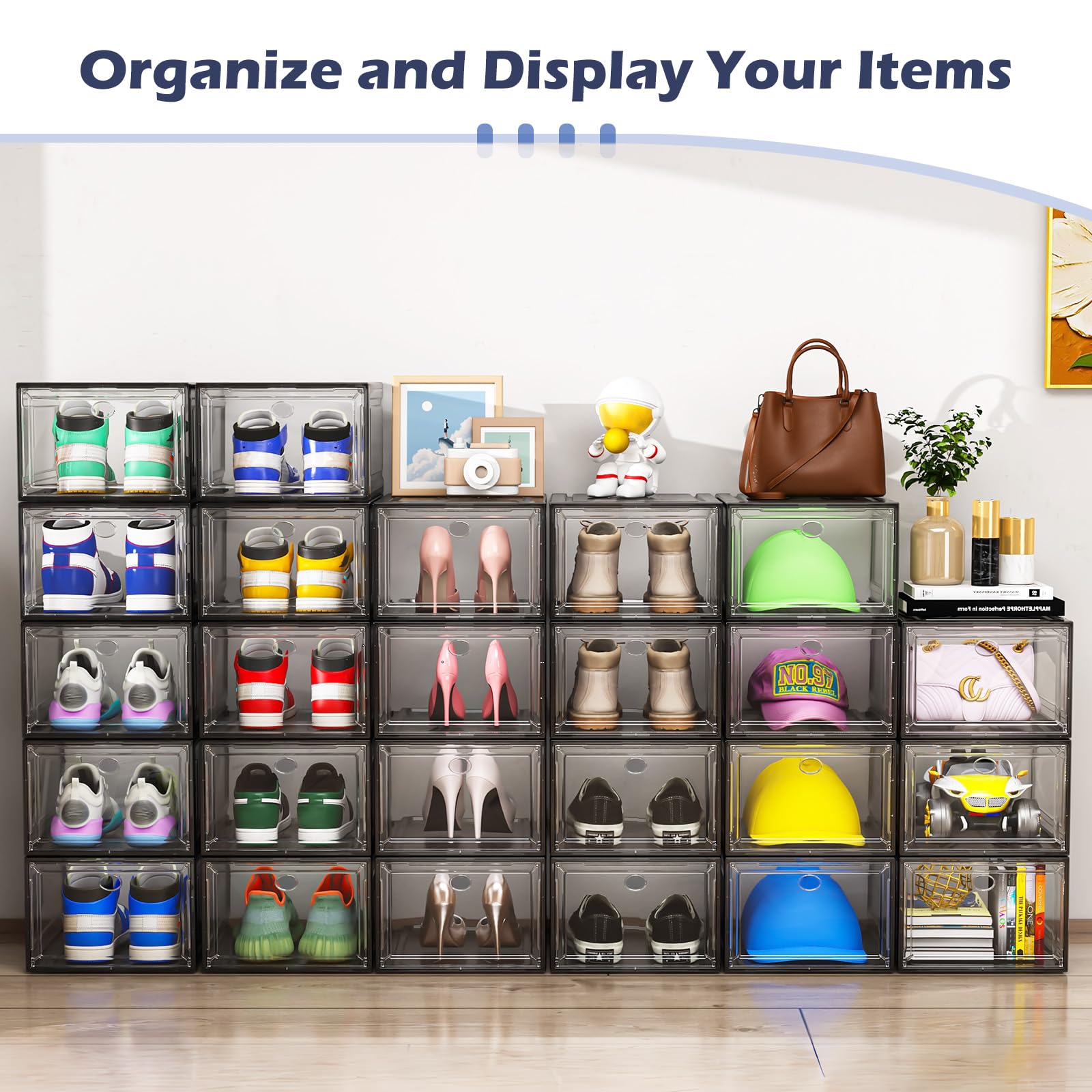 TidyTrove Stackable Shoe Storage Box | 9-Pack Clear Magnetic Containers