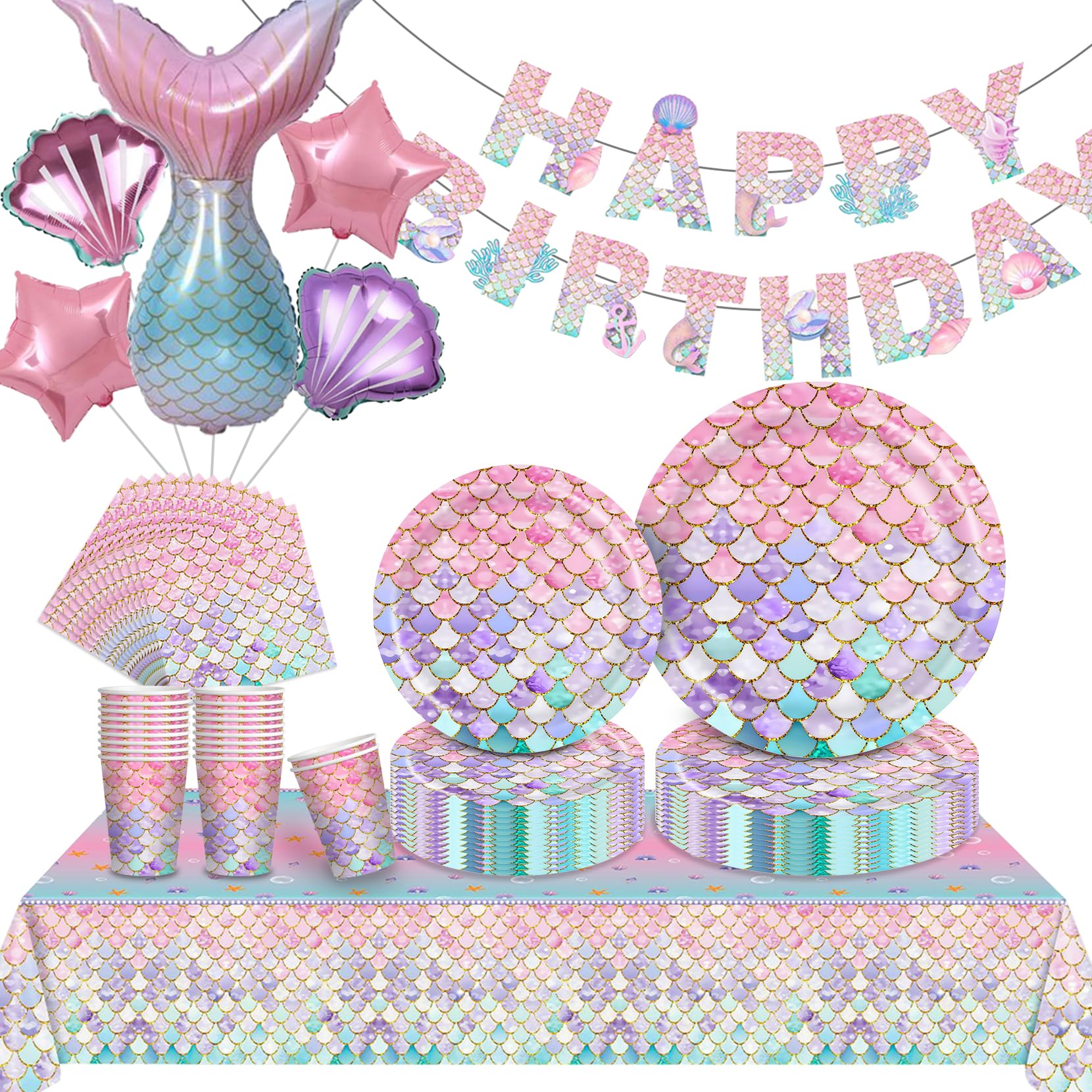 GOLDNICE Mermaid Party Tableware Set – 20 Guest Birthday Supplies Kit